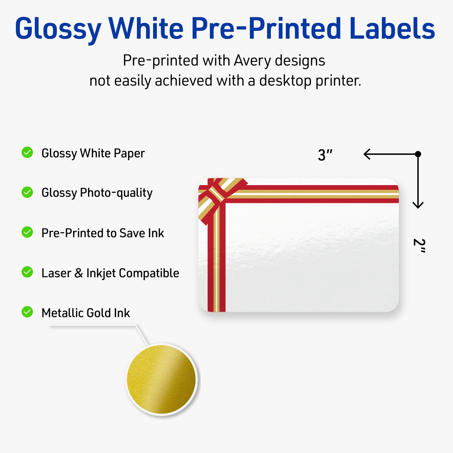 Avery Printable Labels with Sure Feed Technology, Rectangle, 2" x 3", Pre-Printed Red & Metallic Gold Gift Bow Design, Glossy White, Laser & Inkjet Compatible, 80 Total