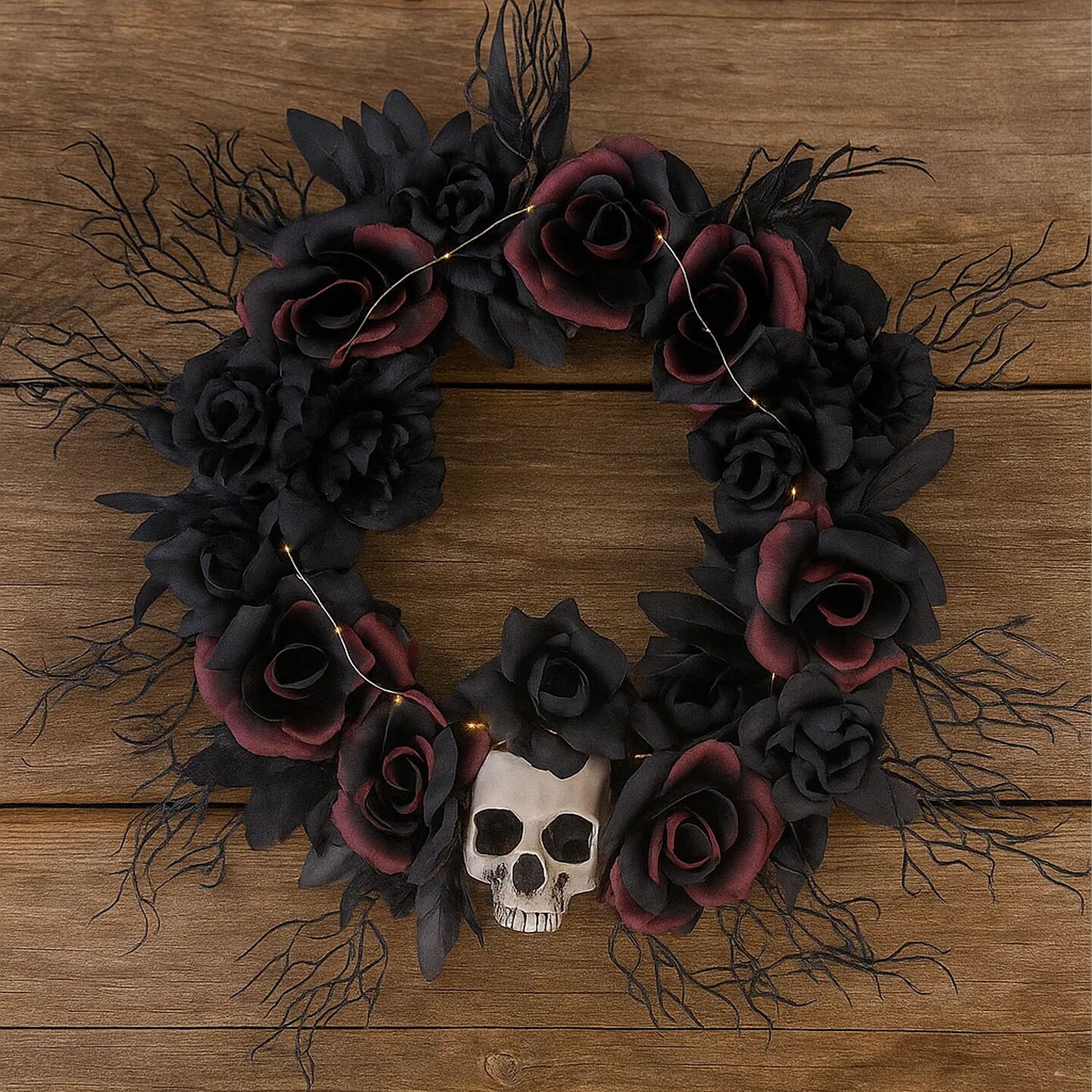 Creepy Halloween Skull and Dead Roses Wreath Decoration 23 1/2 Inches