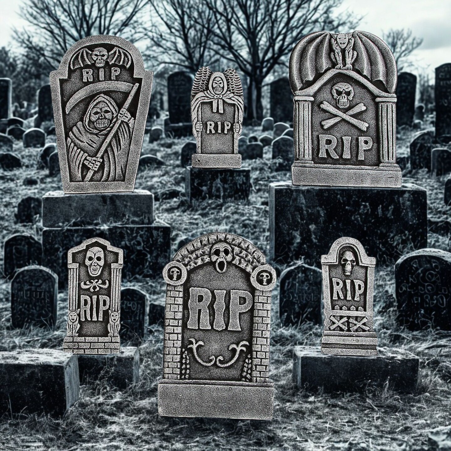 Grim Reaper Foam Tombstone Set Scary Halloween Outdoor Haunted Graveyard Yard Decoration