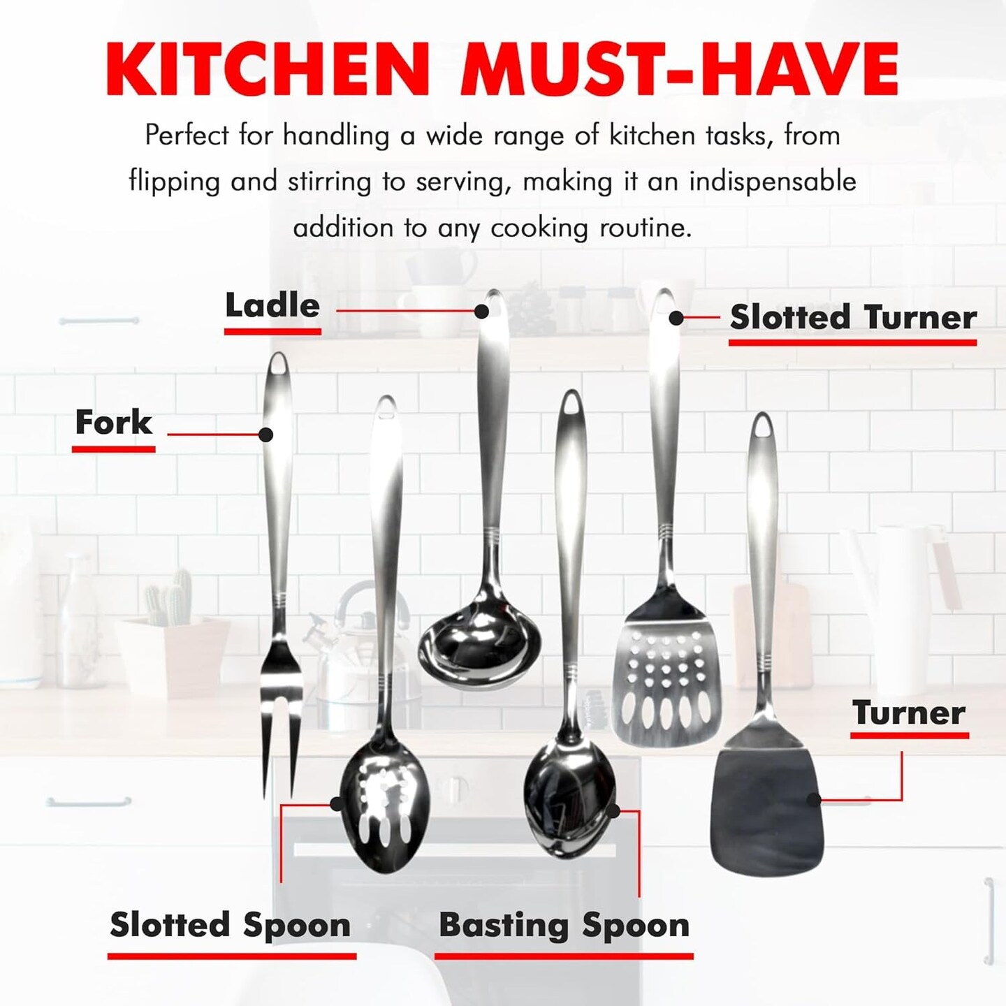 Chef Craft 6pc Stainless Steel Kitchen Cooking Tool Set - Solid Turner, Slotted Turner, Basting Spoon, Slotted Spoon, Serving Fork & Ladle
