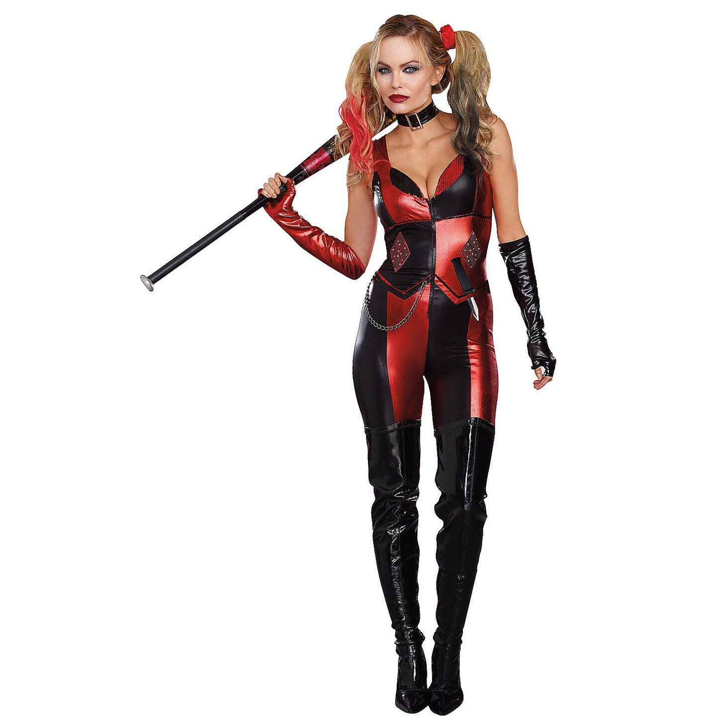 Women&#x27;s Harlequin Blaster Halloween Costume Metallic Jumpsuit with Sequins Chain and Accessories