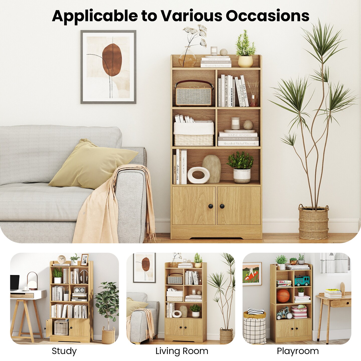 Freestanding Engineered Wood Bookshelf, 4-Tier Display Shelf with Doors