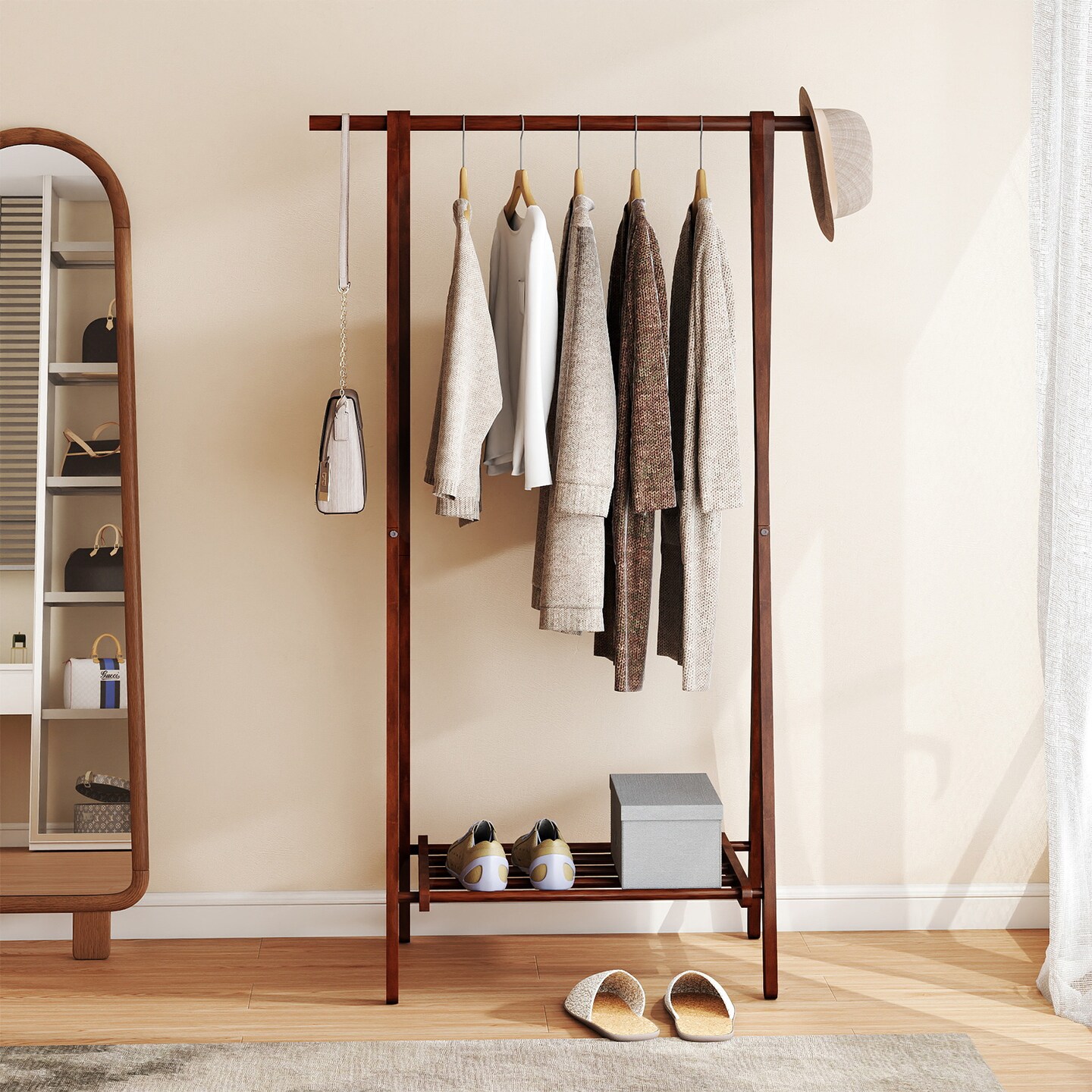 Folding Coat Rack Rubber Wood Standing Clothes Rack with Shelf Walnut