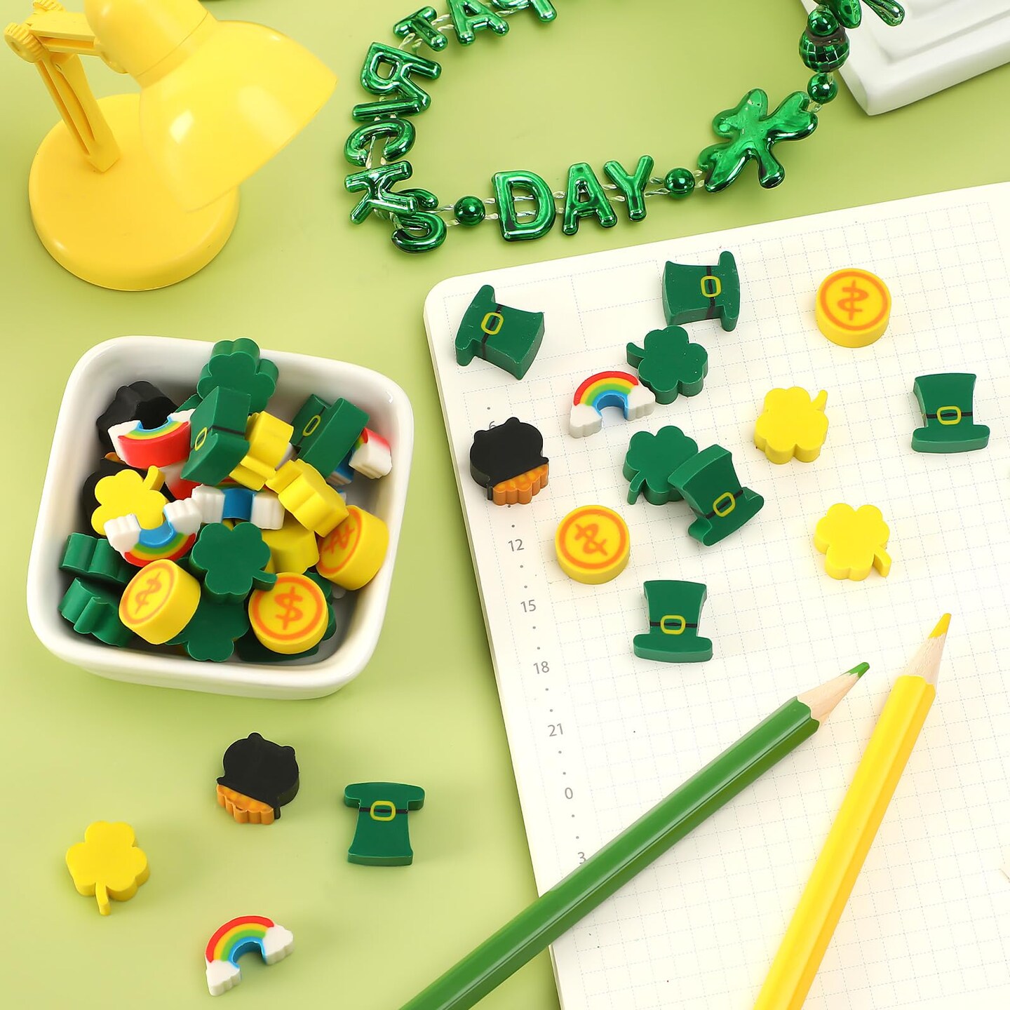 Erasers for Kids, 150Pcs St. Patrick's Mini Erasers Cute Pencil Erasers Shamrocks Erasers for Kids Bulk School Classroom Prizes Homework Rewards Party Favors