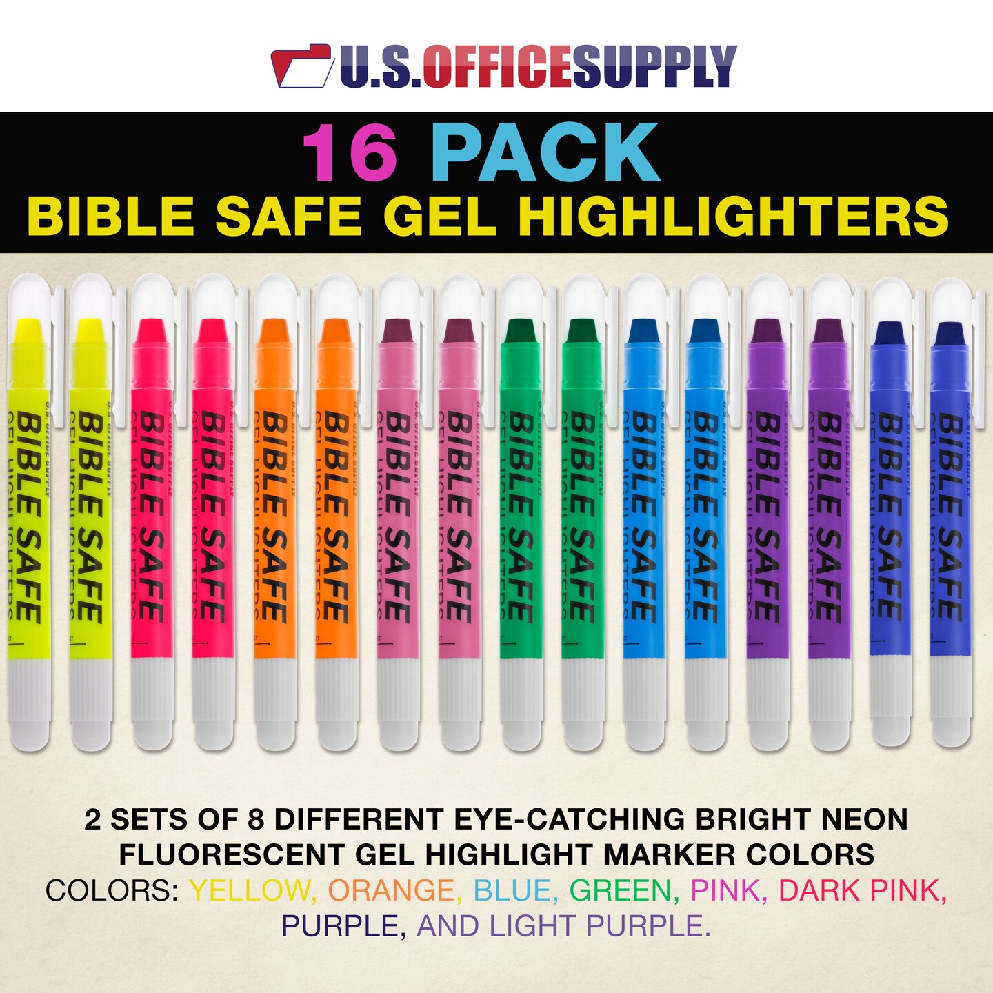 U.S. Office Supply Bible Safe Highlighter Set of 16, 2 Sets of 8 Bright Flouresent Colors, Dry Bible Highlighters No Bleed, Fade or Smear, Safe Gel Markers, Accessories, Study Guide