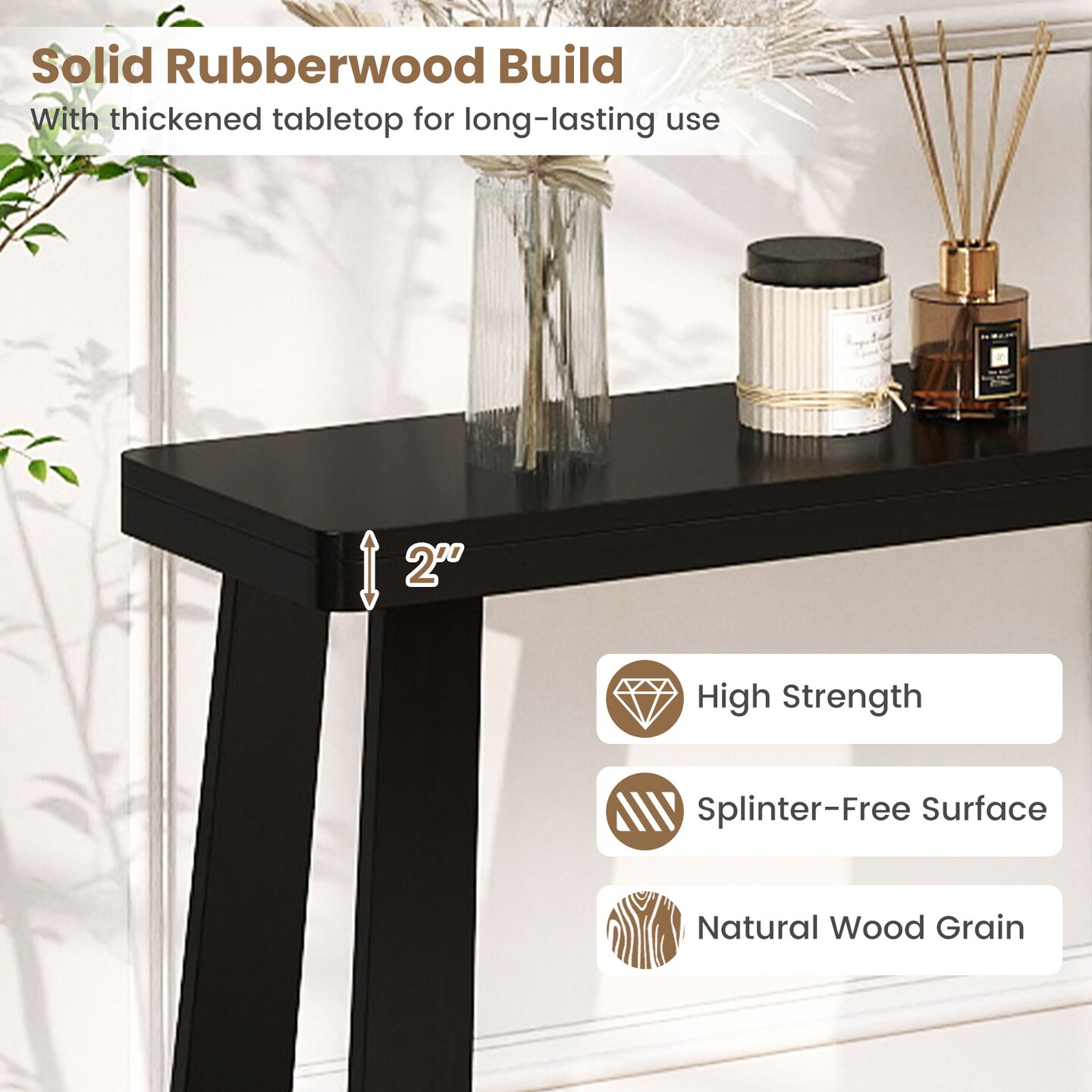 43-inch Narrow Entryway Console Table Solid Rubber Wood with Sturdy Base