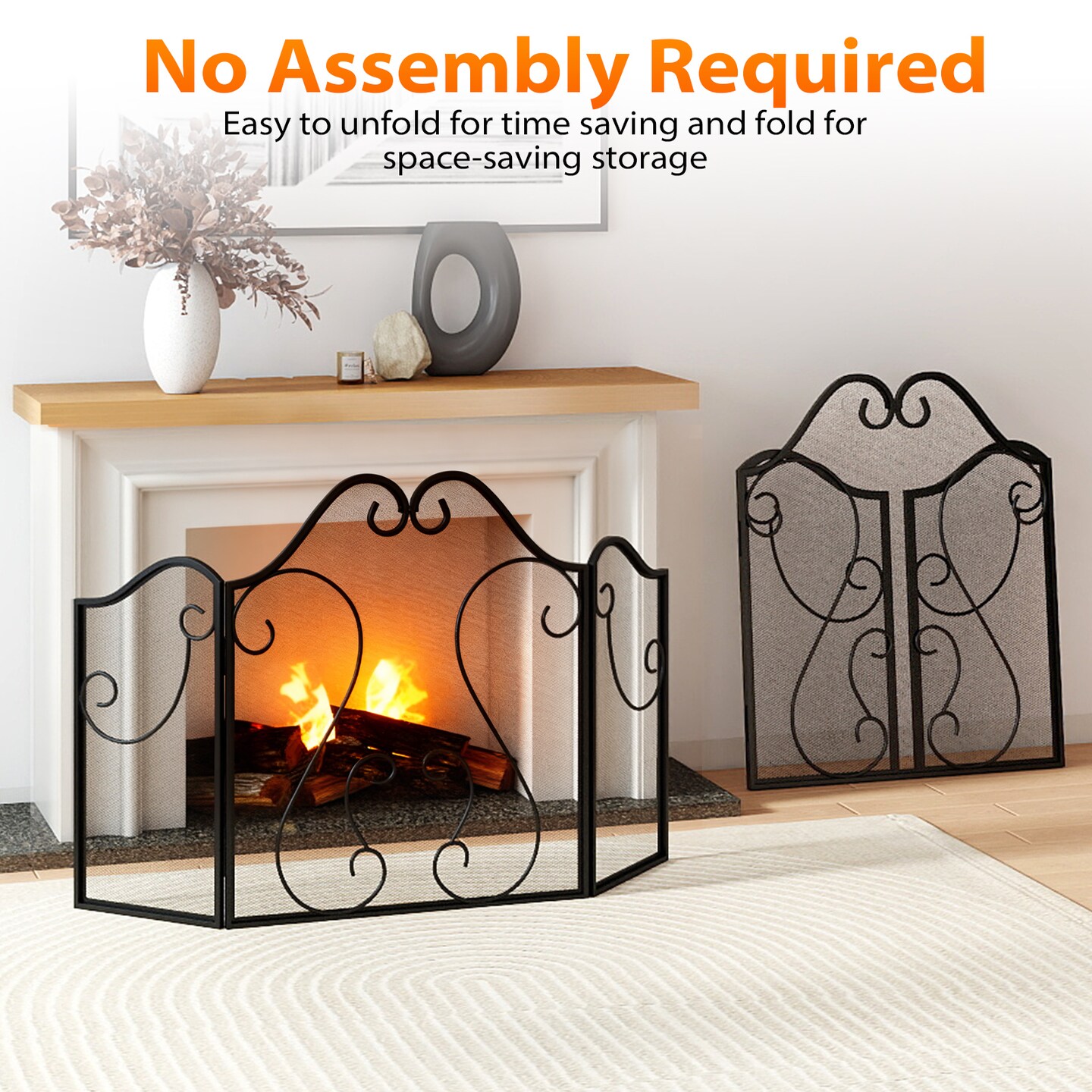 Decorative 3-Panel Foldable Fireplace Screen with Safety Spark Guard