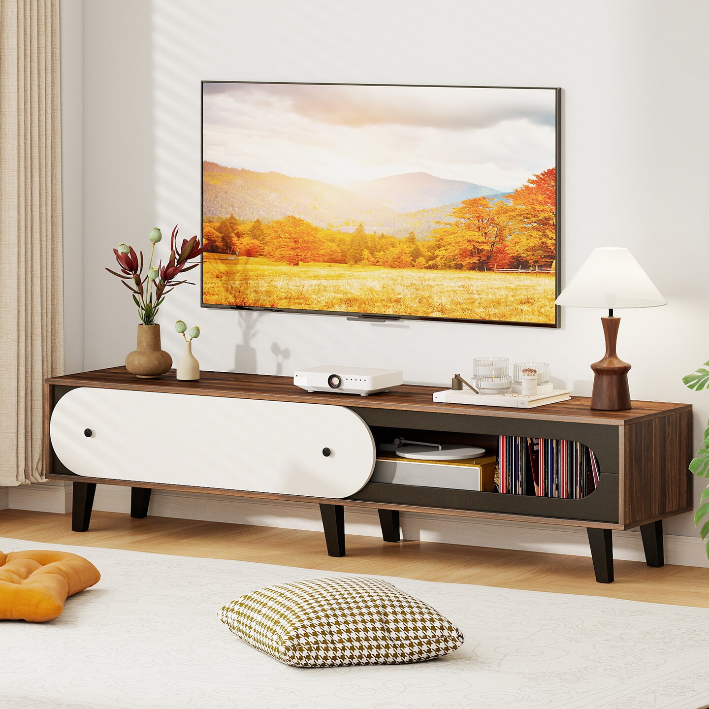 TV Stand for 80" TVs Modern Entertainment Center with Sliding Door Cabinet