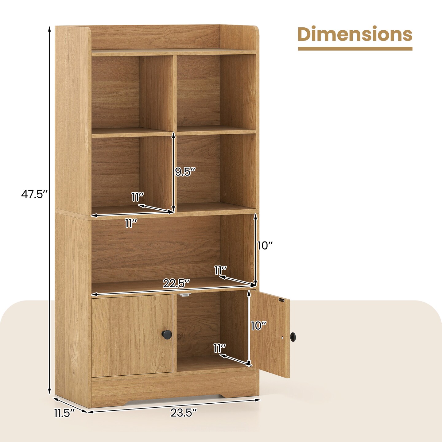 Freestanding Engineered Wood Bookshelf, 4-Tier Display Shelf with Doors