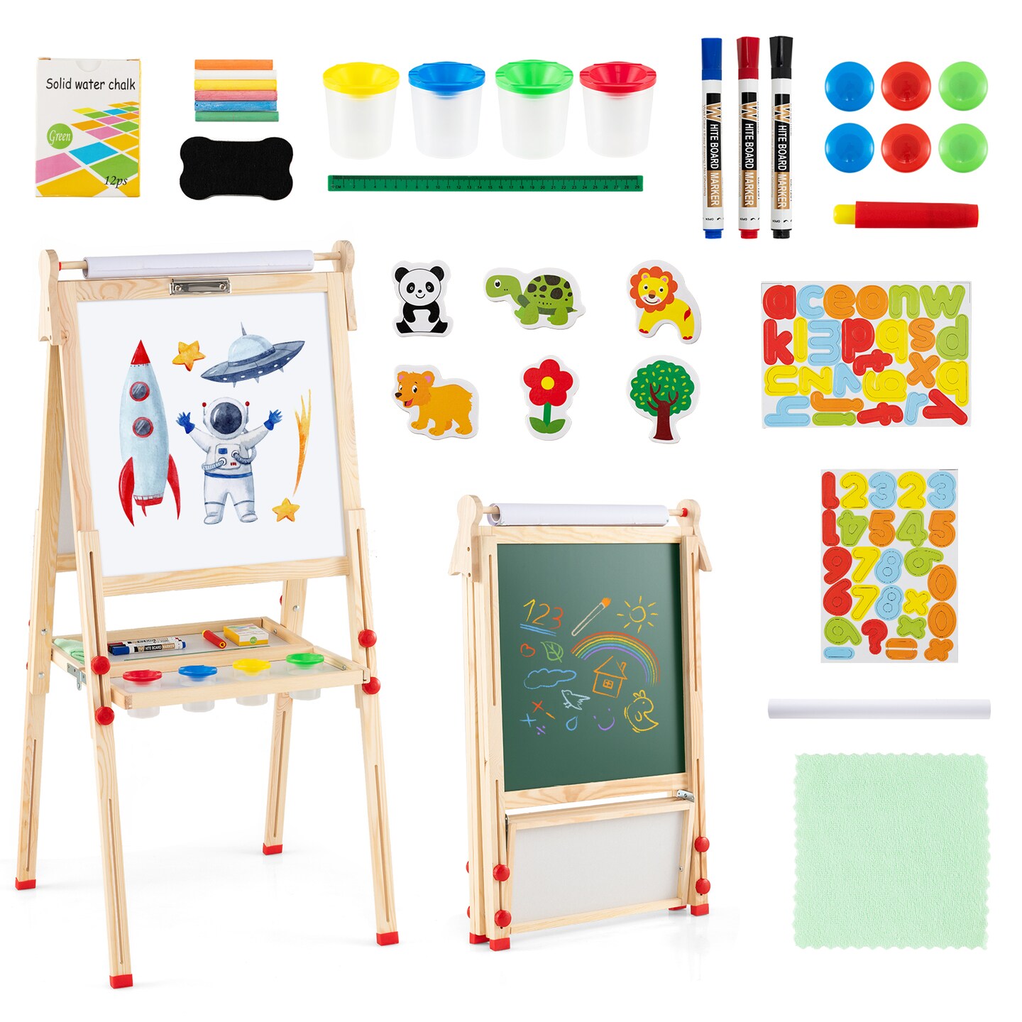 Natural Pine Wood Kids Art Easel 3 In 1 Magnetic Whiteboard Chalkboard Adjustable Height Foldable With Accessories Set For Kids 3–14