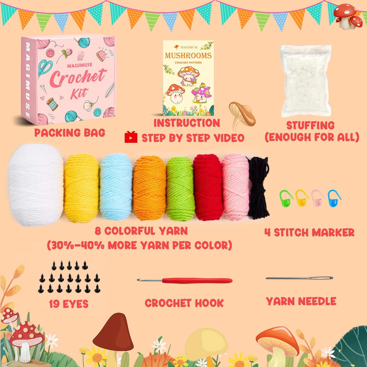 Crochet Kit for Beginners, Crochet Starter Kits for Adults Amigurumi Craft Knitting Crocheting Kits with Step-by-Step Video Tutorials, Mushroom Family(40%+ Yarn