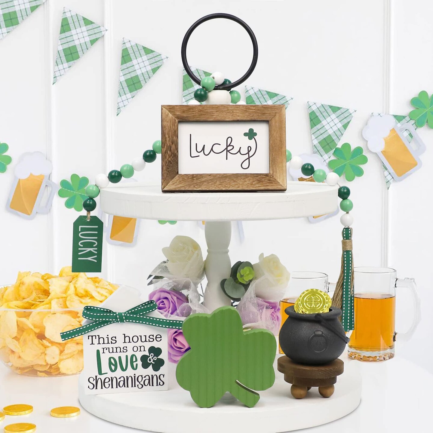 St. Patrick's Day Decorations, Lucky, Shamrock, Pot of Gold, Bead Garland, House Shape St. Patrick's Day Wooden Signs for Table Shelf Decor