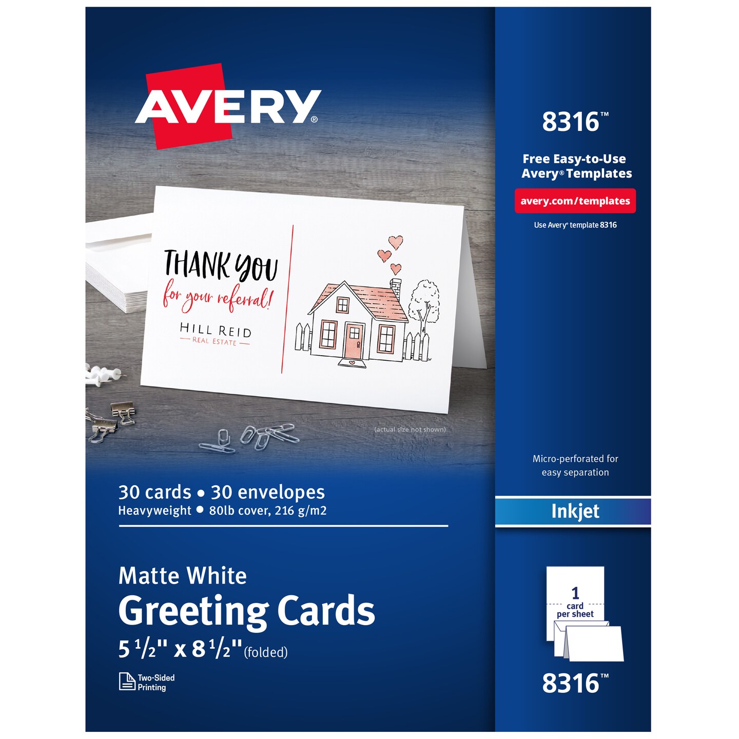 Avery; Avery Printable Half-Fold Greeting Cards, Envelopes Included, 5.5" x 8.5", Matte White, Inkjet Printer Compatible, 30 Blank Cards Total (8316); Category:Cardstock; Image:1