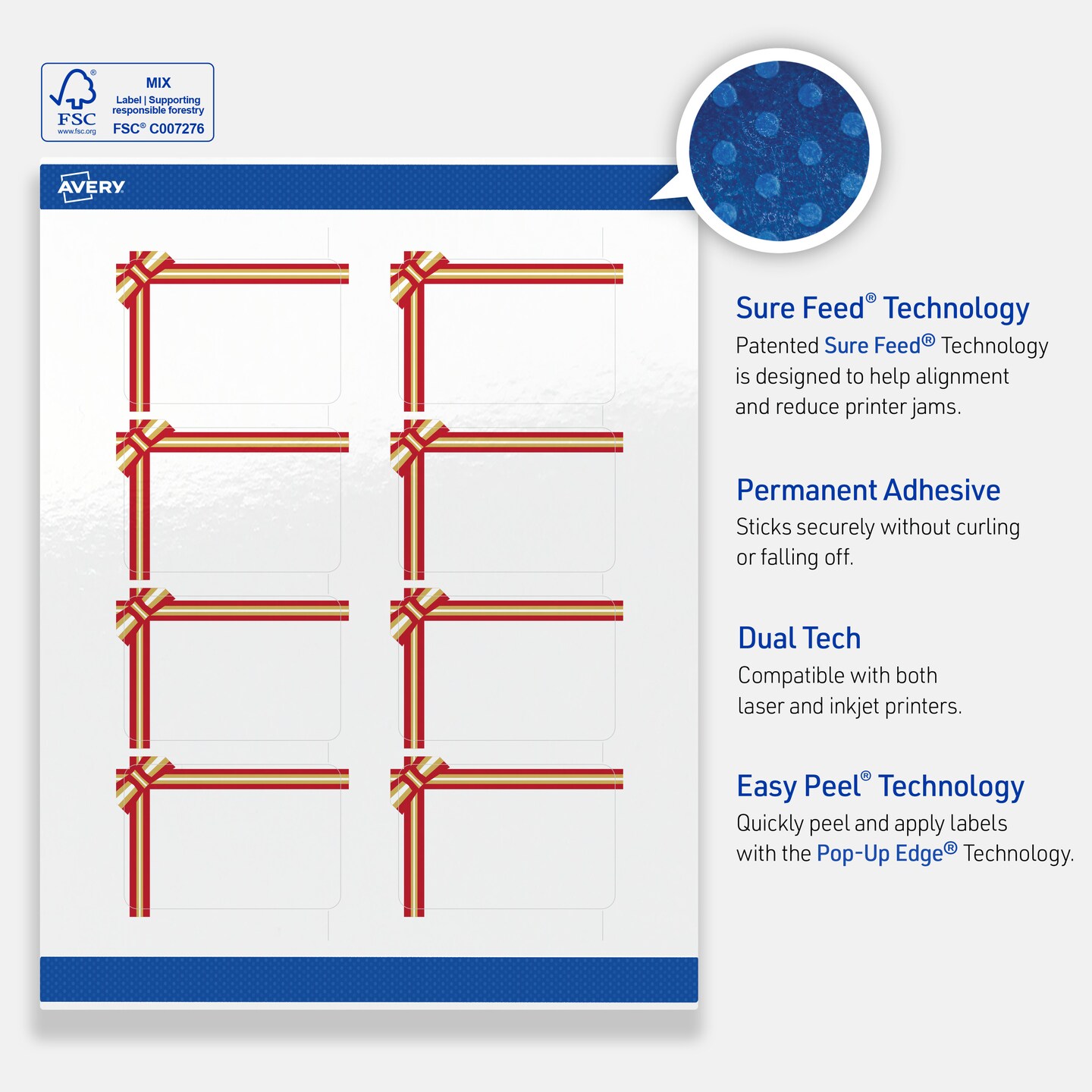 Avery Printable Labels with Sure Feed Technology, Rectangle, 2" x 3", Pre-Printed Red & Metallic Gold Gift Bow Design, Glossy White, Laser & Inkjet Compatible, 80 Total