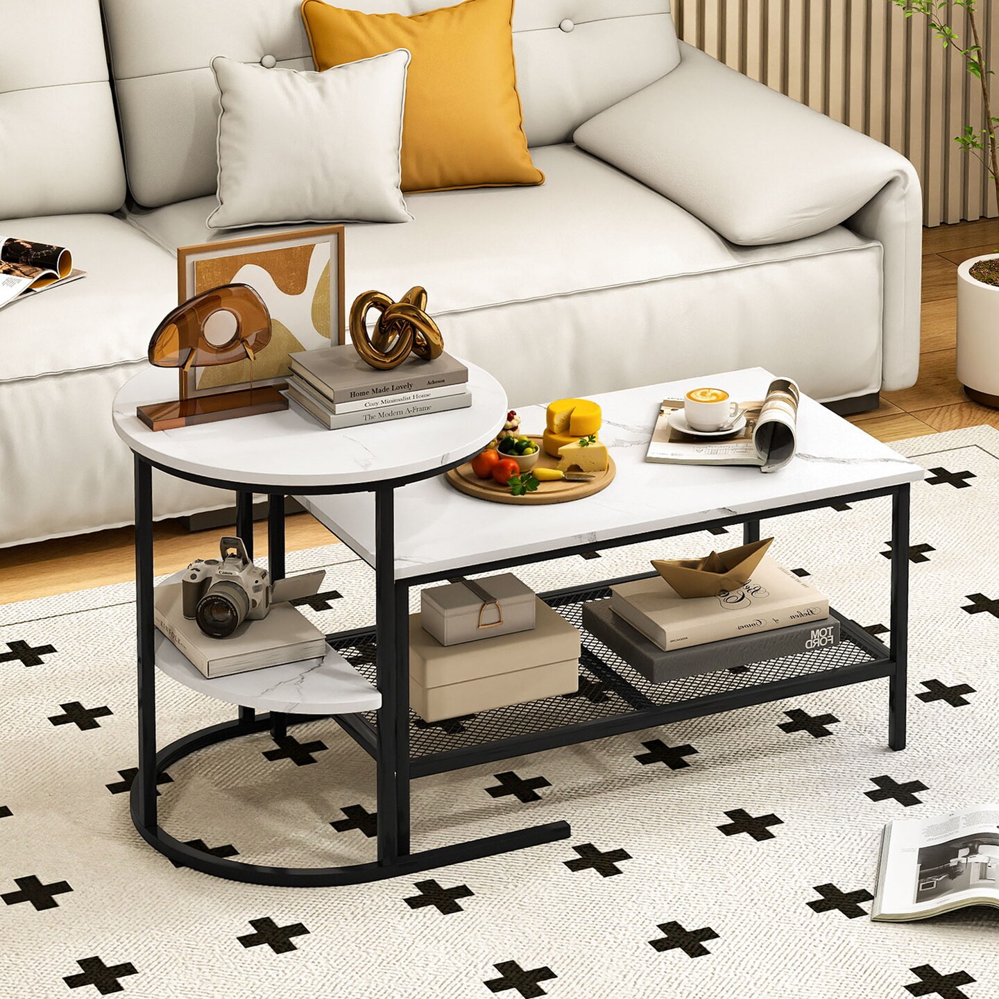 Brown 2-Tier Rectangle Coffee Table with Storage Shelves End Table