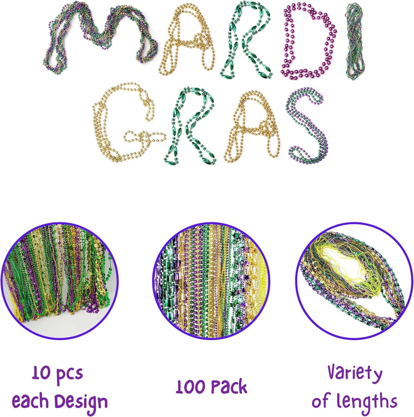 4E's Novelty Bead Assortment Mardi Gras Bulk (100 Pcs) - Metallic Purple, Gold, Green Necklaces, Unique Designs, Party Favors