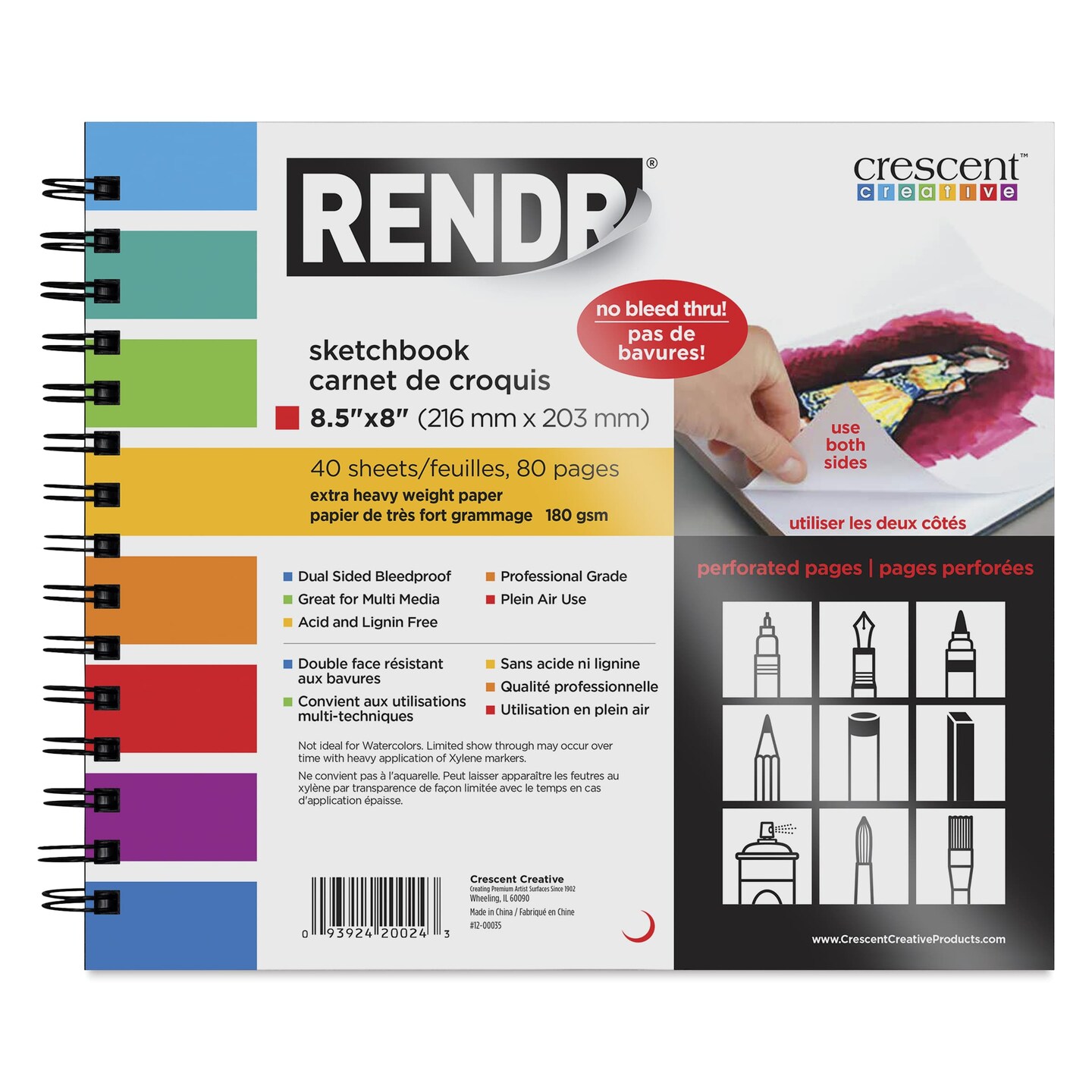 Crescent Rendr Wirebound Sketchbook - 8" x 8-1/2", 110 lb, 40 Sheets