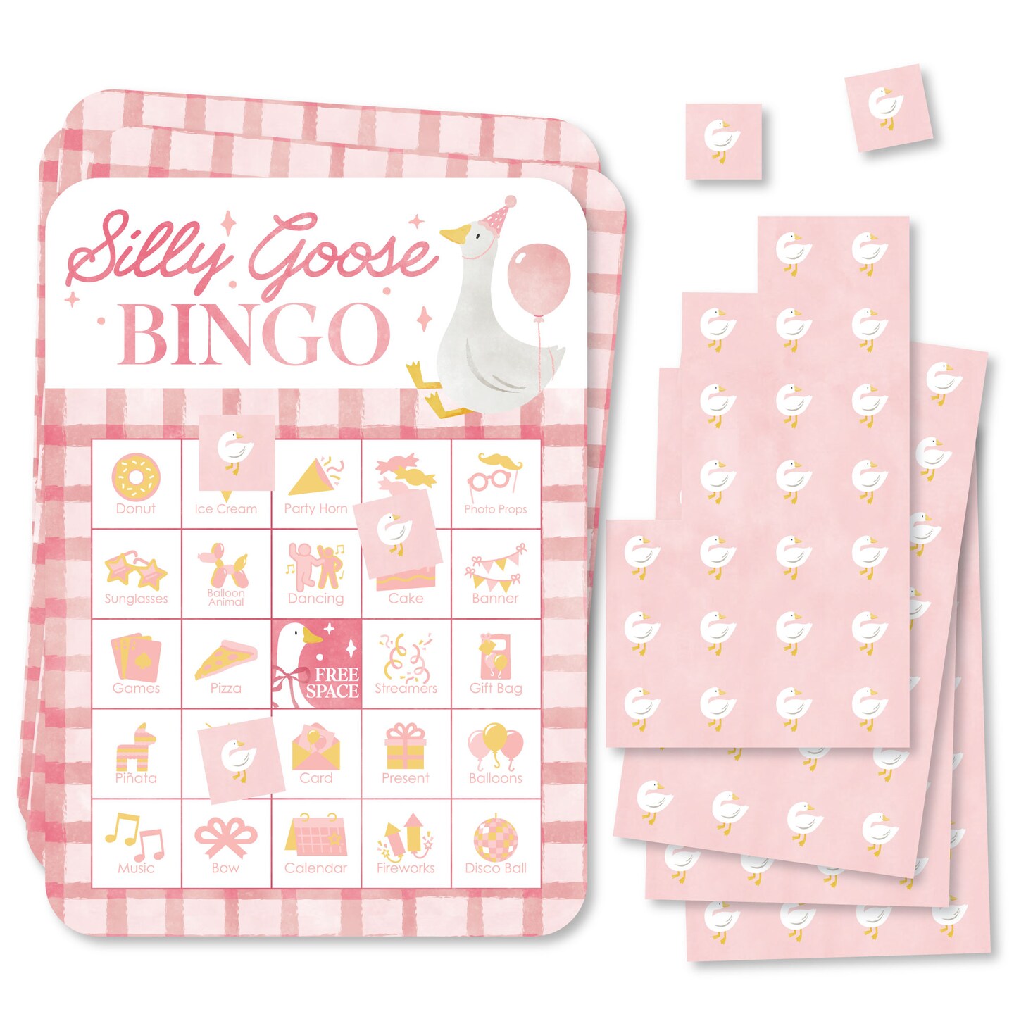 Big Dot of Happiness One Silly Goose Pink Bingo Cards and Markers, Girl 1st Birthday Party Activity, Picture Bingo Game - Set of 18