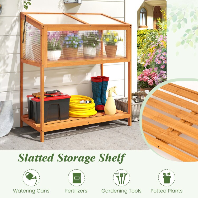 Orange Cold Frame Greenhouse Wood with Transparent Top and Storage Rack