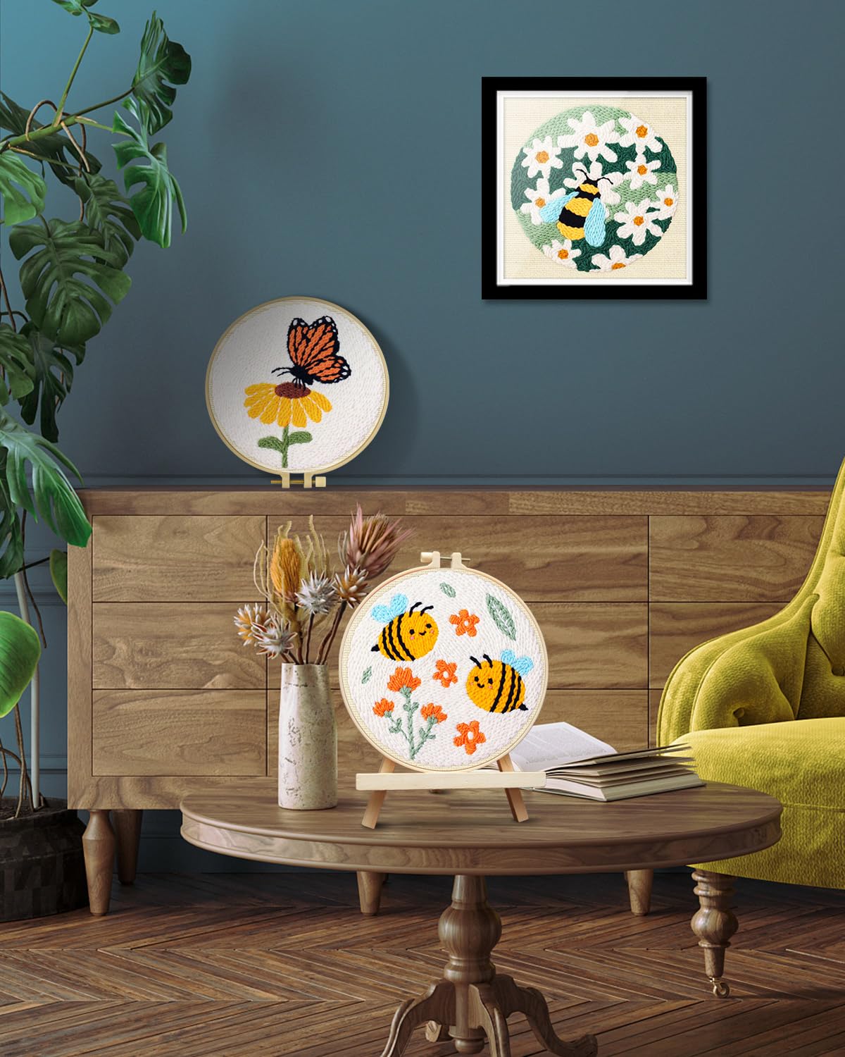 3 Sets Punch Needle Kits, Flowers Punch Embroidery Kits for Adults Beginner, Tool with Punch Needle Fabric, Hoops, Yarns and Sewing Needles