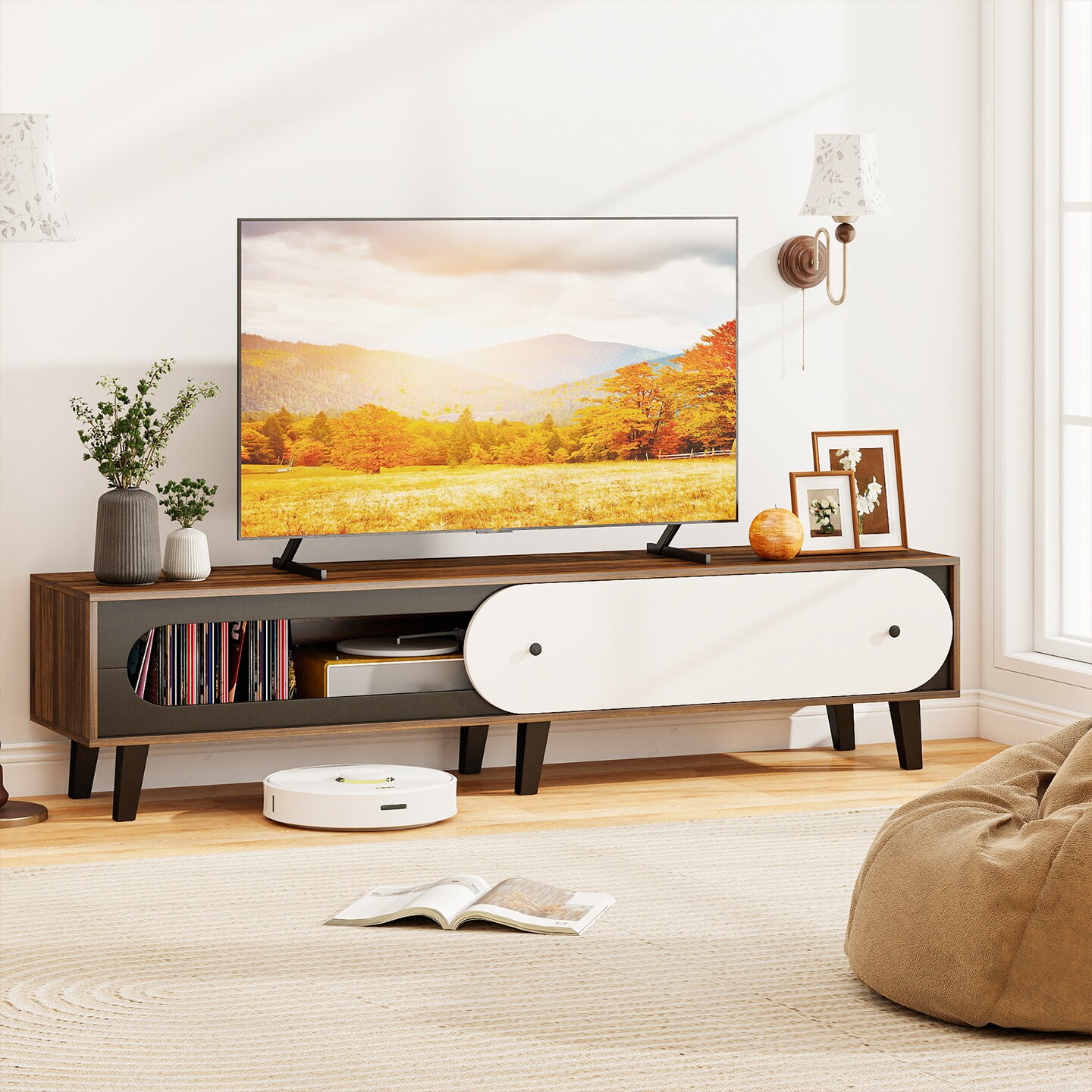 TV Stand for 80" TVs Modern Entertainment Center with Sliding Door Cabinet