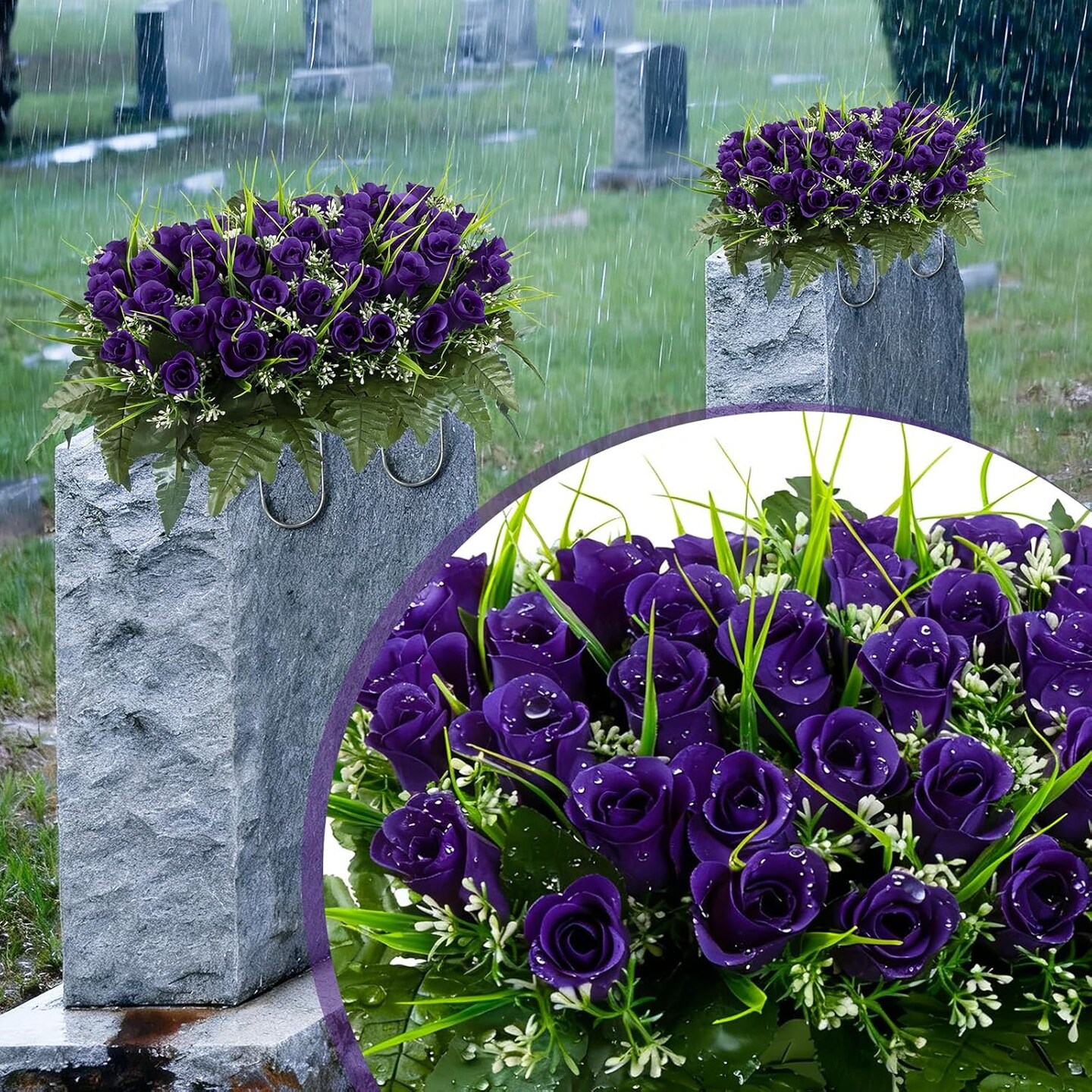 Artificial Cemetery Tombstone Flowers Saddle, Outdoor Grave Memorial Flowers Saddle for Headstone, Cemetery Decoration (Purple)