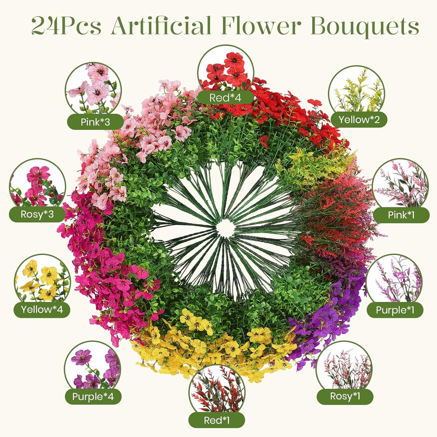 24 Bundles Artificial Flowers for Outdoors Decoration, Faux Plants Fake Silk Colorful Daisy Eucalyptus Lavender, UV Resistant for Outside Home Porch Patio Indoor Spring Decor, Mix 5 Colors