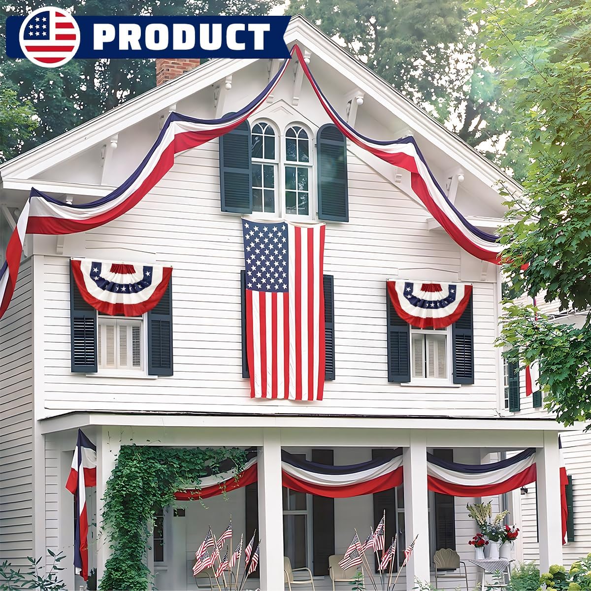 2Pack Patriotic Bunting US Flag Decorations 4th of July Decor 2x20 Ft Large Red, White &#x26; Blue Banner Veterans Day Memorial Days Celebration