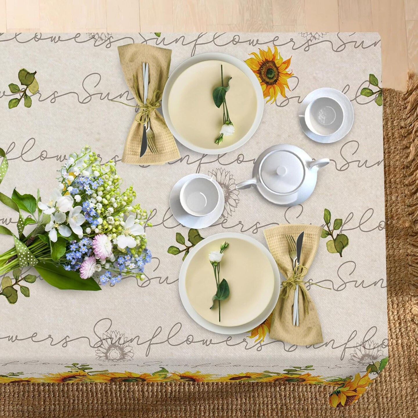 Spring Summer Sunflower Rectangle Tablecloth 60 x 120 Inches, Fall Autumn Flower Floral Decorative Dining Table Cloth, Seasonal Dinner Table Cover Picnic Party Decoration