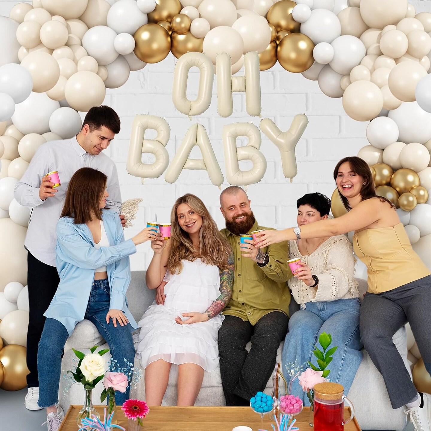 White Sand Gold Balloons Garland Arch Kit,Baby Shower Decorations Boy Girl with Oh Baby Balloon Banner for Boho Neutral Oh Baby Shower Birthday Gender Reveal Party Decoration