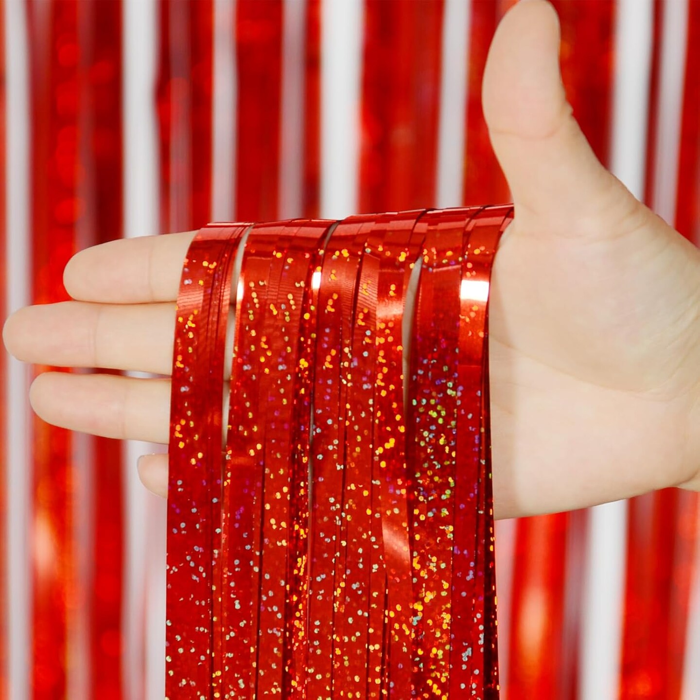 2 Pack Red Tinsel Foil Fringe Curtains Backdrop, Sparkle Tinsel Backdrop Curtains for Birthday Party Decorations