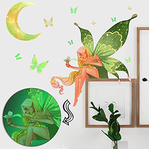 Glow in The Dark Butterfly Fairy Wall Sticker Luminous Moon Butterflys Wall Decals Cartoon Flower Fairy Princess Wall Stickers for Girls Bedroom Nursery Living Room Classroom Ceiling Decor Kids Gift