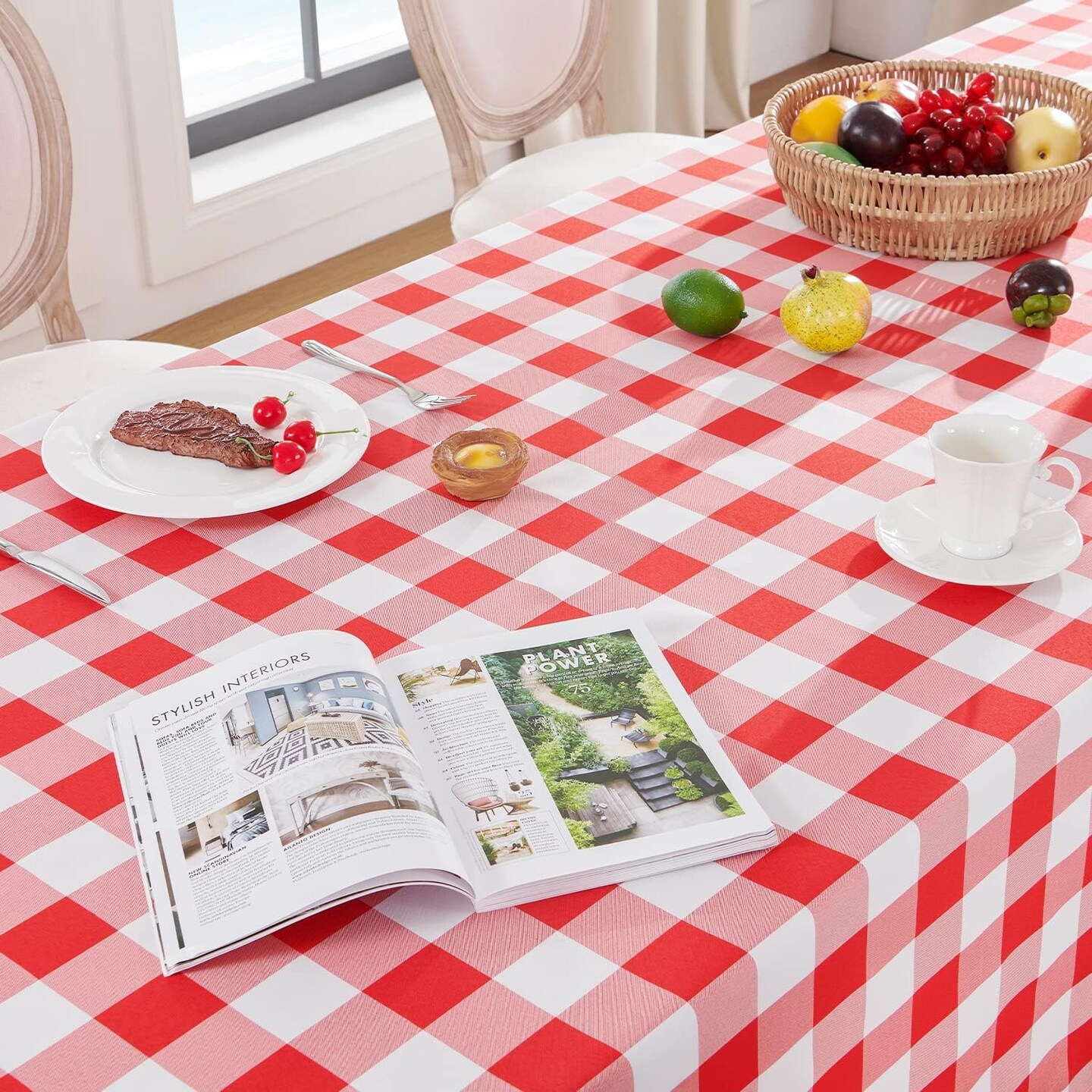 Gingham Checkered Square Tablecloth - Waterproof Buffalo Plaid Table Cloth Stain Resistant Washable Table Cover for Picnic/Camping/Outdoor - Red and White, 54 x 54 Inch