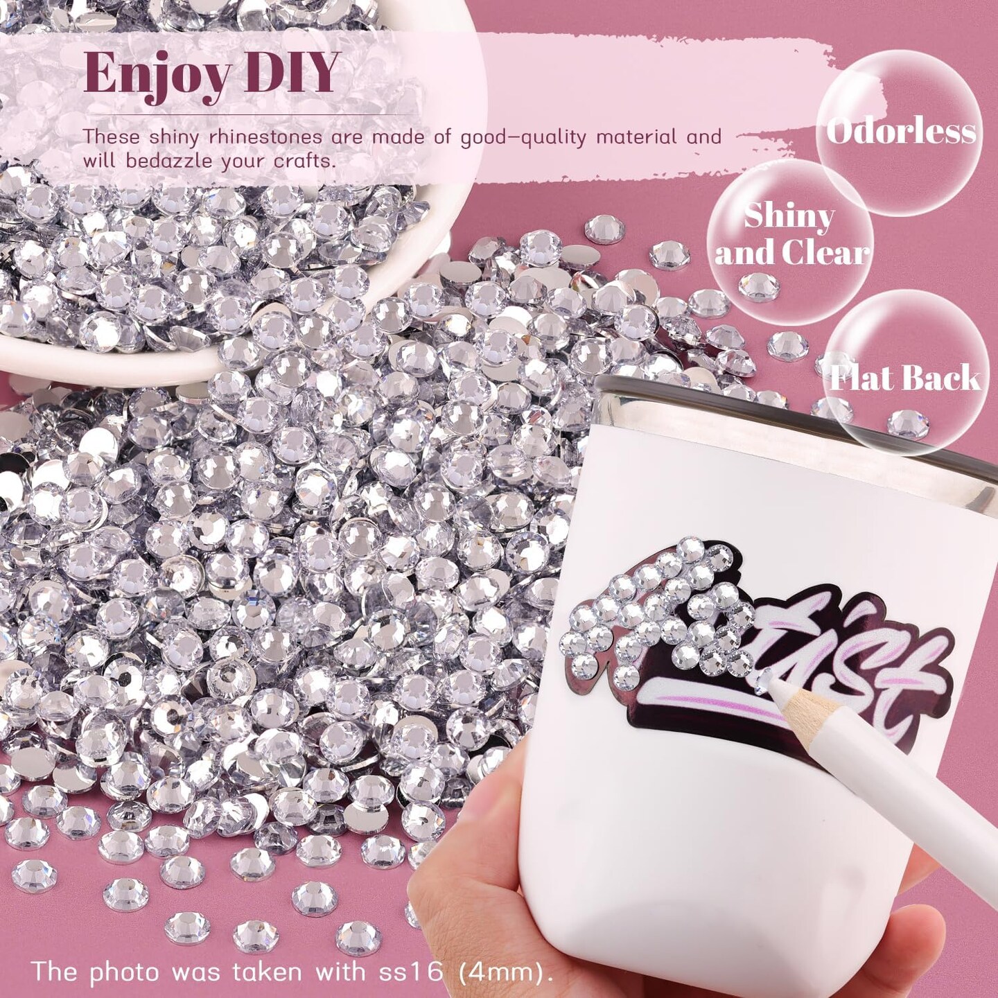 8,000pcs 3mm Clear Resin Rhinestones – Flatback Gems for Crafts, Nail Art, Tumblers & Clothing, Includes Pickup Pen & Tweezers