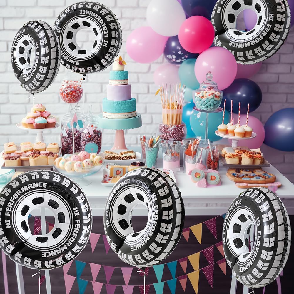 30 Inch Black Car Wheel Tire Party Balloons, Classic Large Racing Car Hot Wheels Mylar Foil Balloon For Men and Boys Racetrack Car
