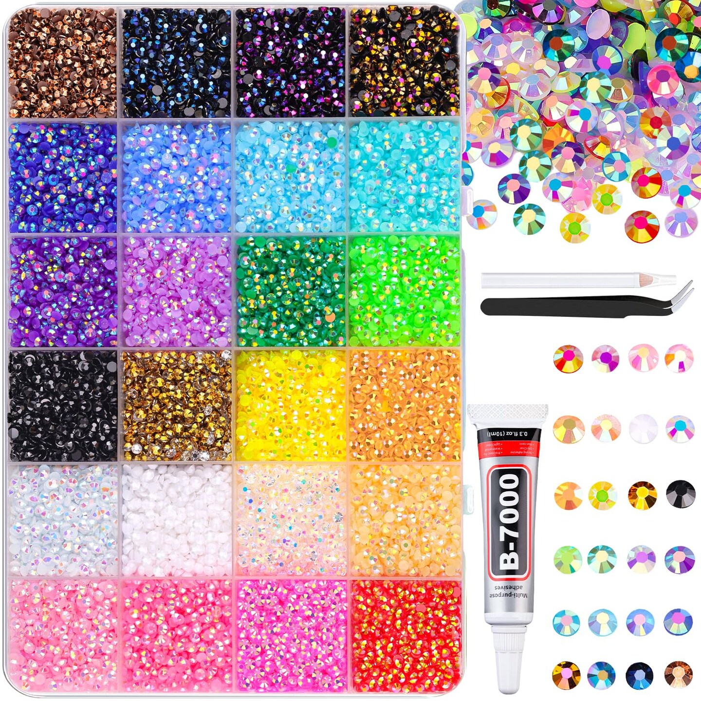 24000Pcs Resin Jelly Rhinestones with 1 Pcs B7000 Jewelry Glue for Crafting, Mixed-Color 3mm Flatback Gems, Bedazzling Crystal for DIY Crafts Clothing Tumblers Mugs Shoes Fabric Decor Nail Art Makeup