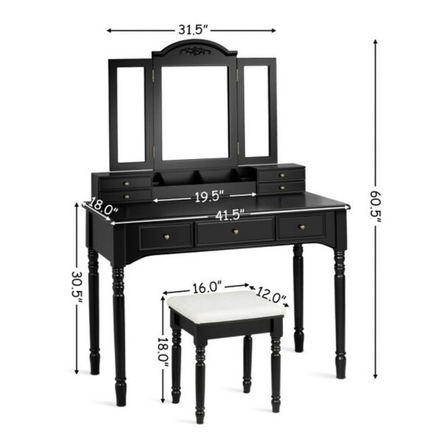 Makeup Dressing Table with Tri-Folding Mirror and Cushioned Stool Perfect for Women