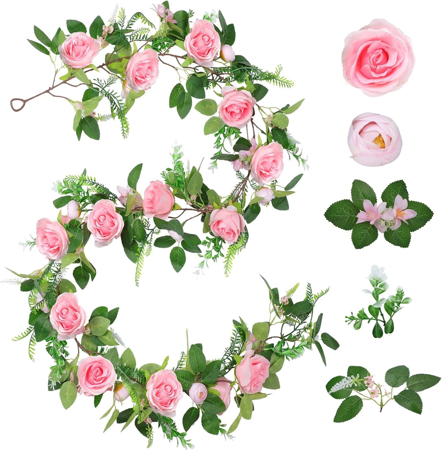 Full Pink Flower Garland, 6.2FT Artificial Rose Floral Vine Pretty Spring Pink Flower Garland for Wedding Arch Decor Home Backdrop Wall Table Centerpiece Valentines Decoration