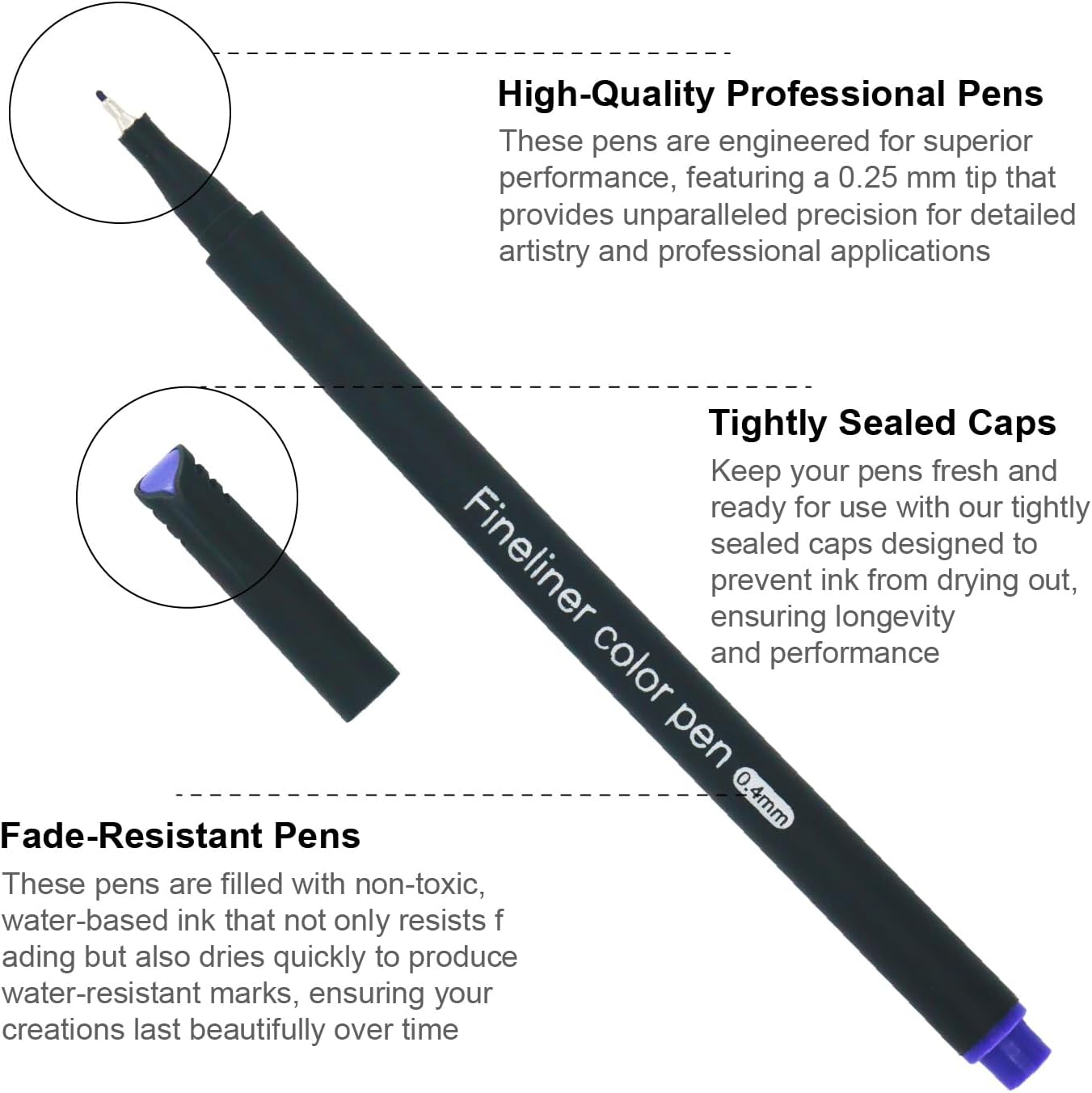 Fineliner Pens, Set of 24 Fineliners, 0.4 mm Tips Fine Point Markers, Assorted Art Pens, Water-Based Fine Tip Markers for Drawing, Sketching, Journaling and Calligraphy.