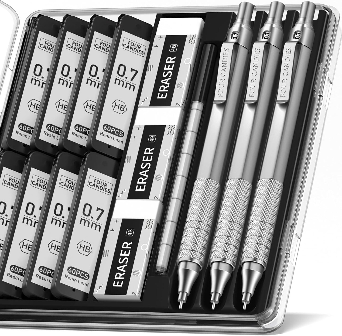 0.7mm Mechanical Pencil Set with Case, 3PCS Metal Artist Lead Pencil with 8 Tubes (480PCS) HB Lead Refills, 3 Erasers, 9 Eraser Refills For Engineer Art Writing Drawing Drafting, Silver