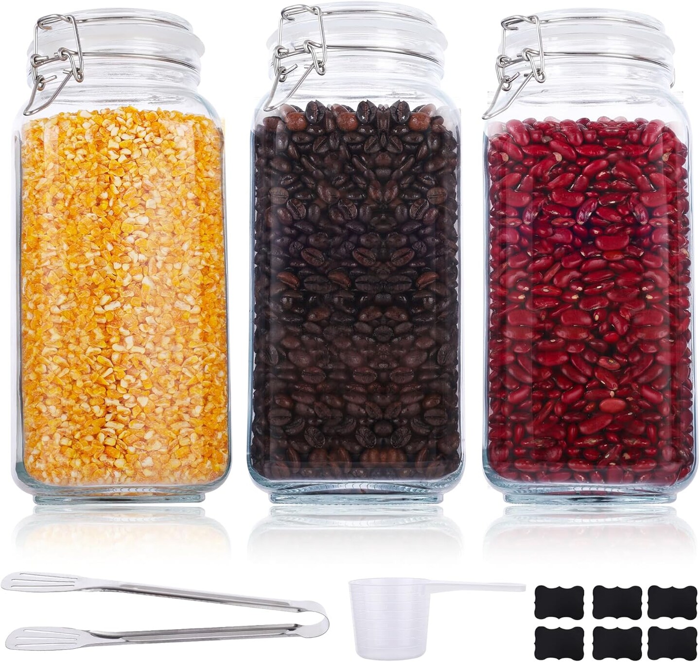 Mason Jars, 3 Pcs 78oz 2300ml Glass Food Storage Containers with Airtight Lids, Flour Sugar Storage Containers Sets for the Kitchen, With Metal Food Tongs & Measuring Cups & Sorting Labels