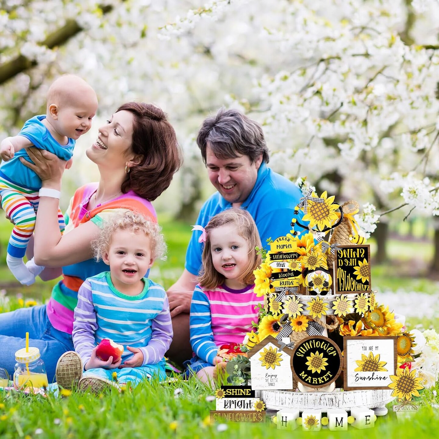 17PCS Sunflower Tiered Tray Decor Set – Farmhouse Wooden Summer Table Signs, Rustic Home Centerpieces for Kitchen, Shelf & Tabletop Spring Summer Decorations