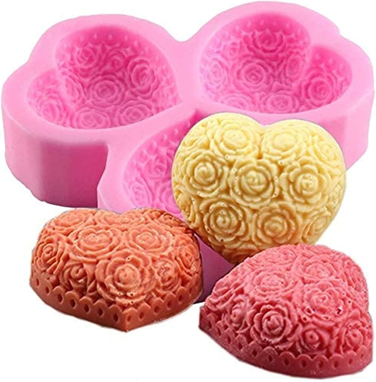 3-Cavity Heart Rose Flower Silicone Soap Mold Fondant Mold