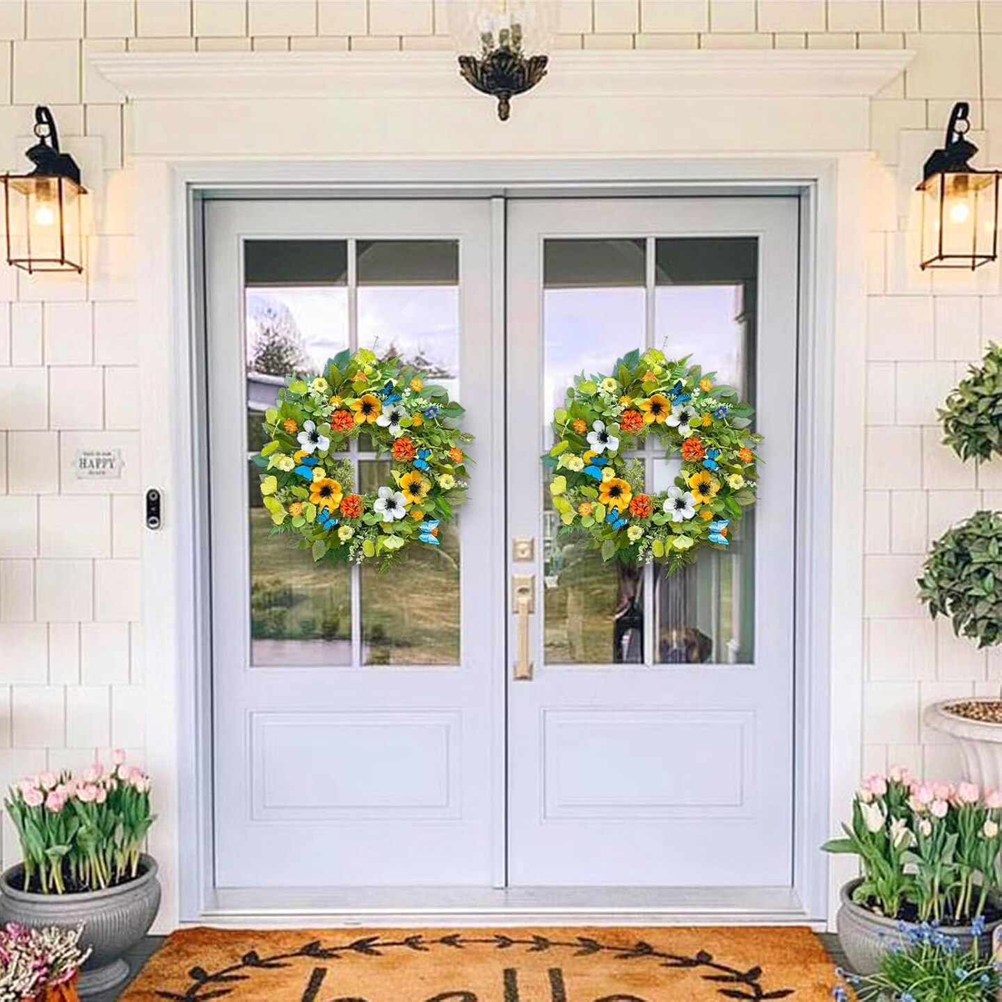 Summer Wreaths for Front Door 24 Inch Summer Wreath Artificial Floral Greenery Wreath with Beautiful Hydrangea Pansies and Butterfly Summer Wreaths for Front Door Outside