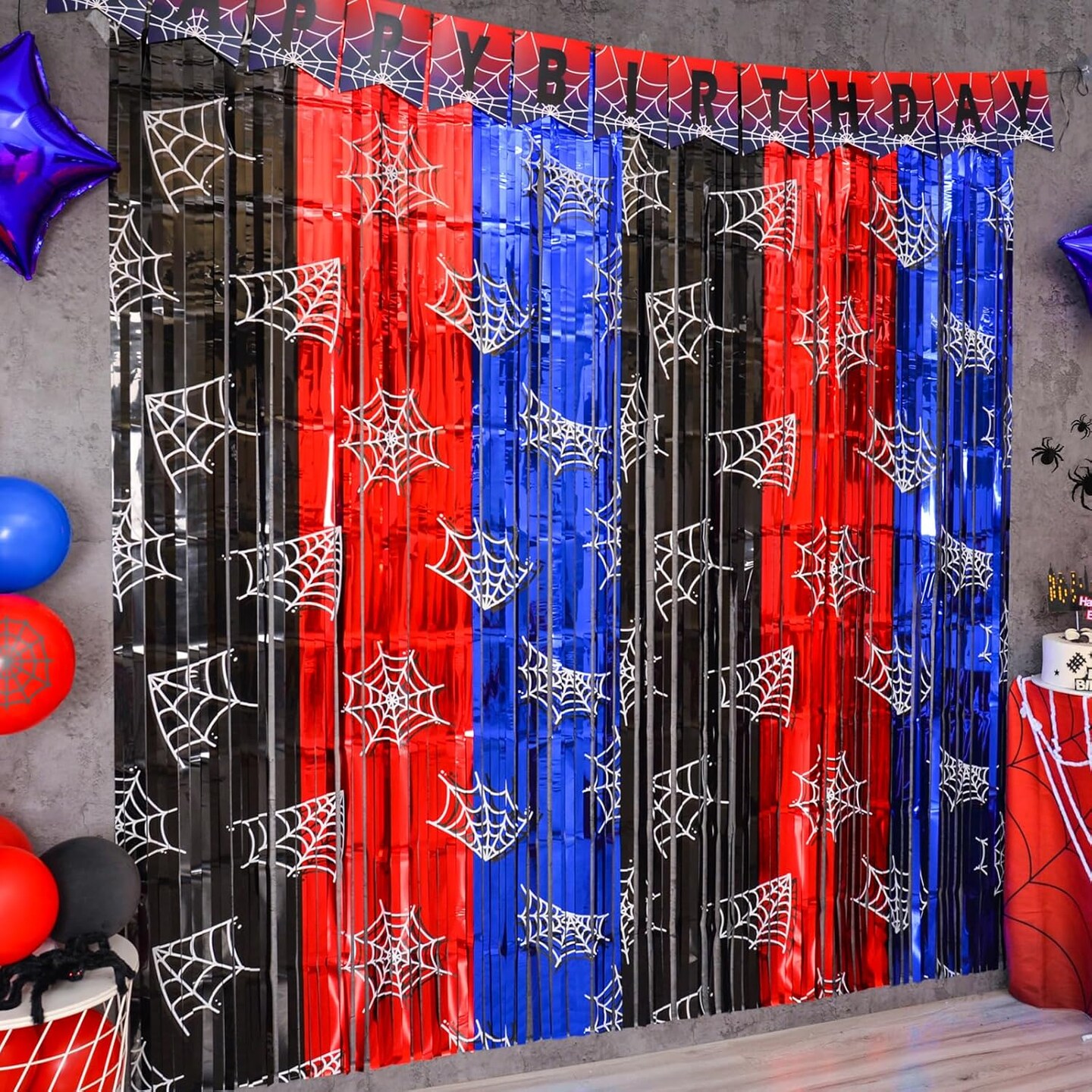 Spider Web Birthday Decorations, 2 Pack Spider Party Supplies 3.3x6.6ft Tinsel Foil Fringe Curtains, Red Black, and Blue Photo Booth Prop Backdrop Streamer, Birthday Decor, Party Decor for Boys