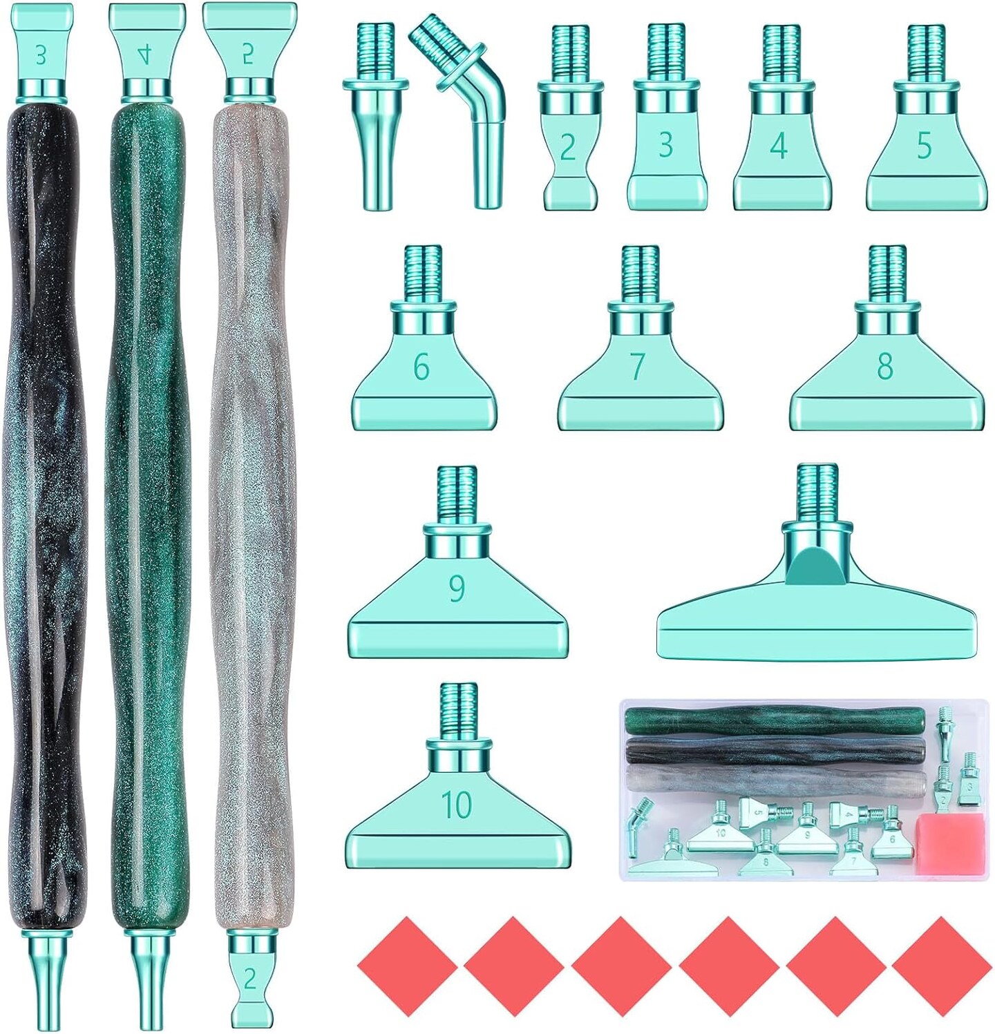 Diamond Painting Pen Accessories Tools Set,3PCS Glitter Diamond Art Pen and 12Pcs Green Metal Screw Thread Multi Placer Tips,Resin Diamond Painting Drill Pens for DIY Diamond Art