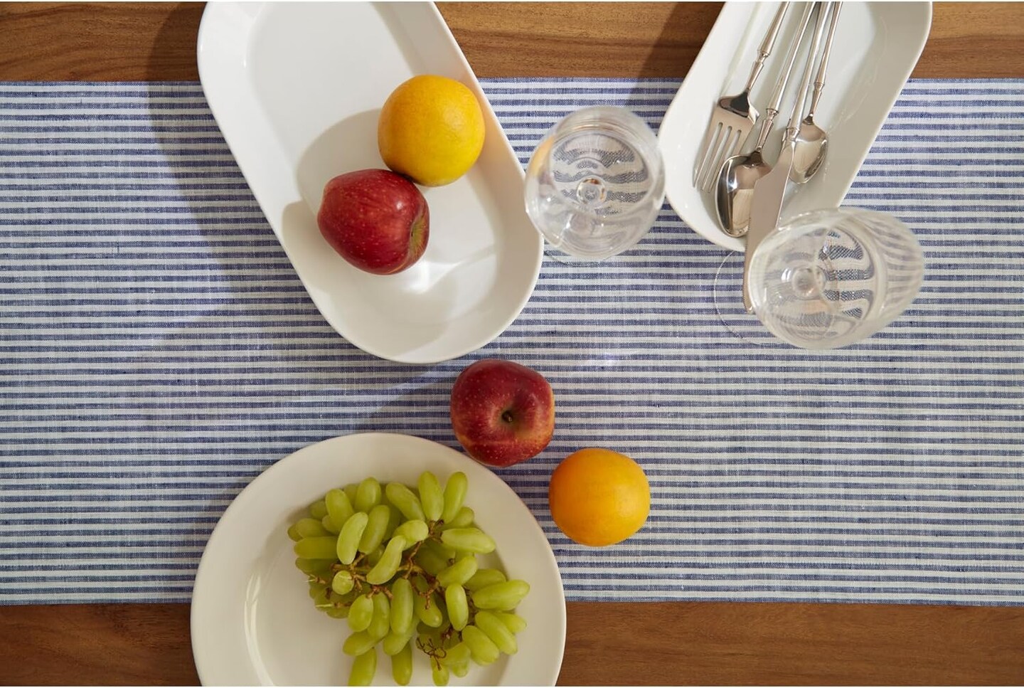 Navy and white linen table runner, 36 inches, perfect for spring.