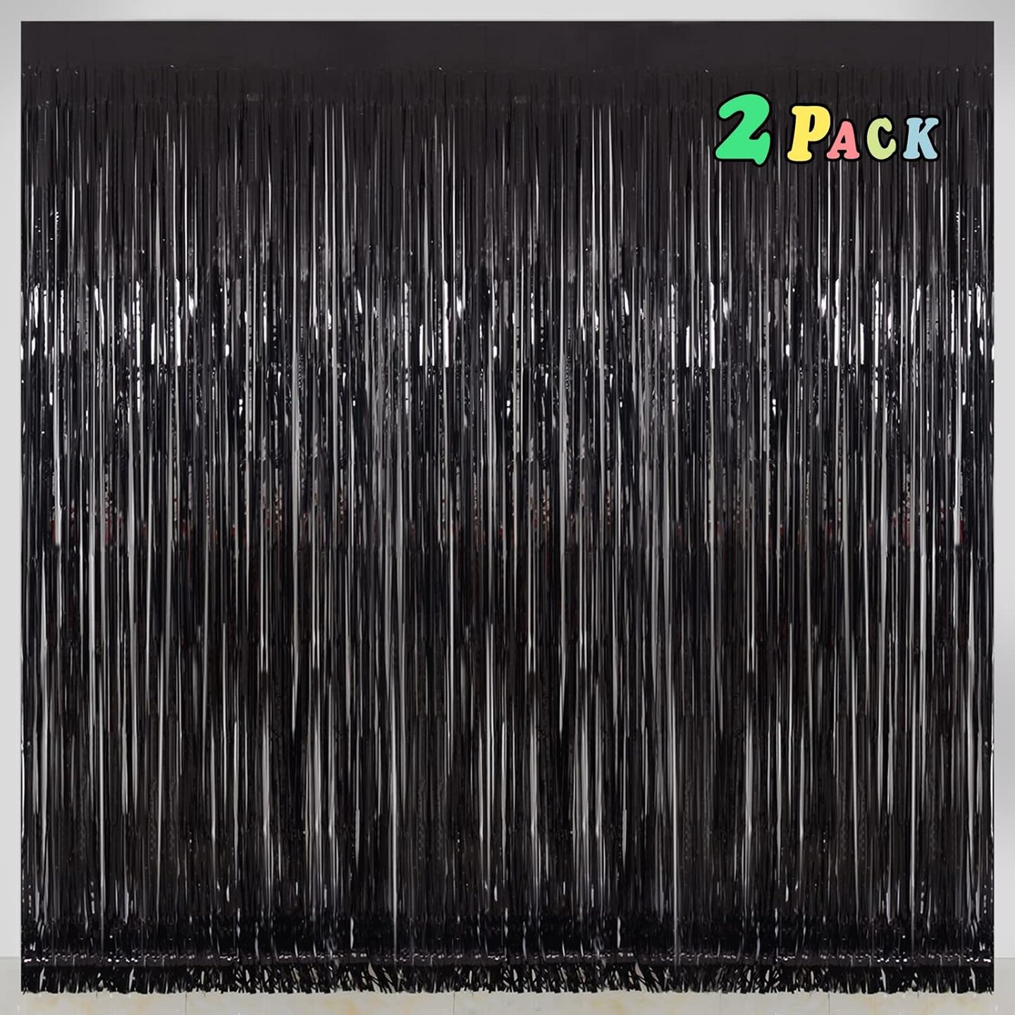 2-Pack Black Foil Fringe Curtains 3.2x8ft Party Backdrop Decorations