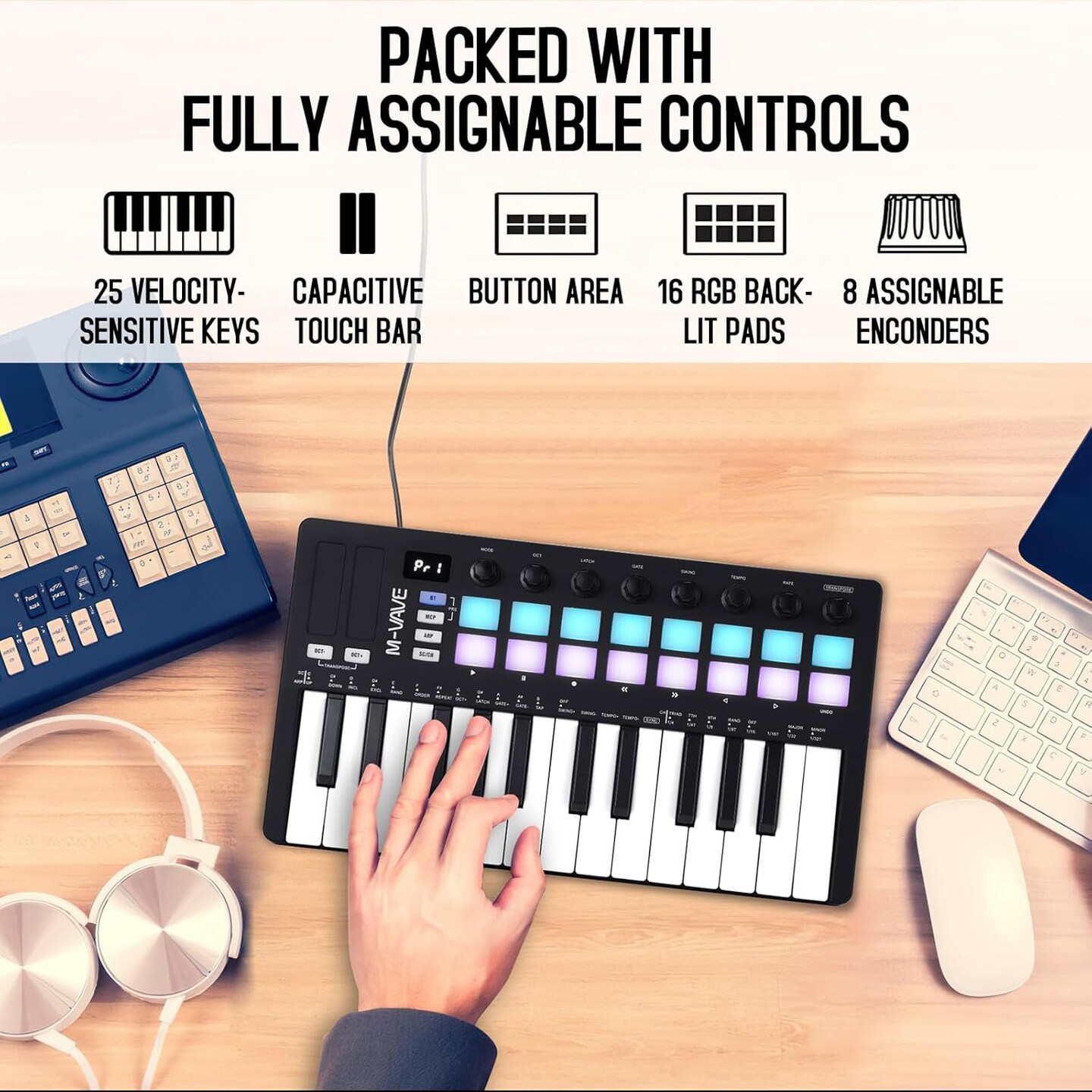 M-WAVE &#x2013; MIDI Keyboard Controller &#x2013; USB Bluetooth &#x2013; 25 Key, 16 Pads, Knobs, DAW Compatible