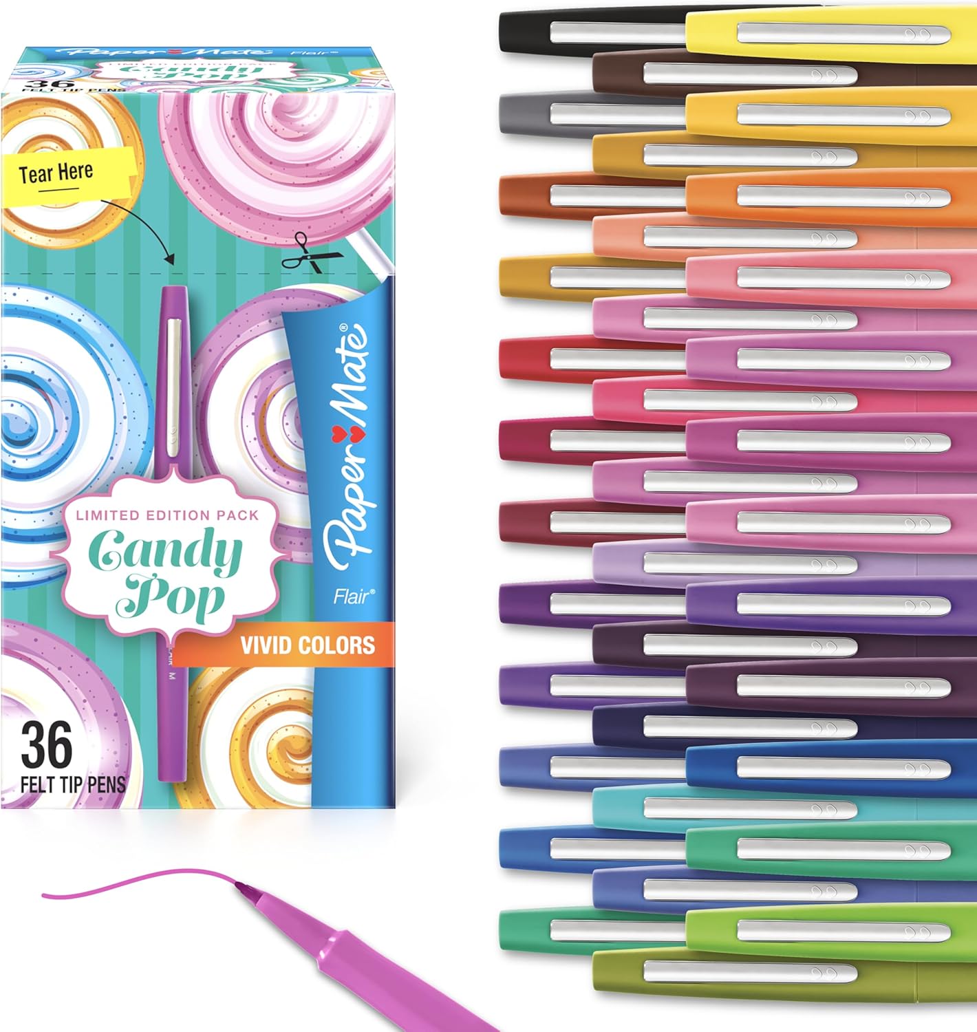 Flair Felt Tip Pens, Medium Point (0.7mm), Limited Edition Candy Pop Pack, 36 Count; Perfect for Teachers, Students, Expressive Writing, Drawing